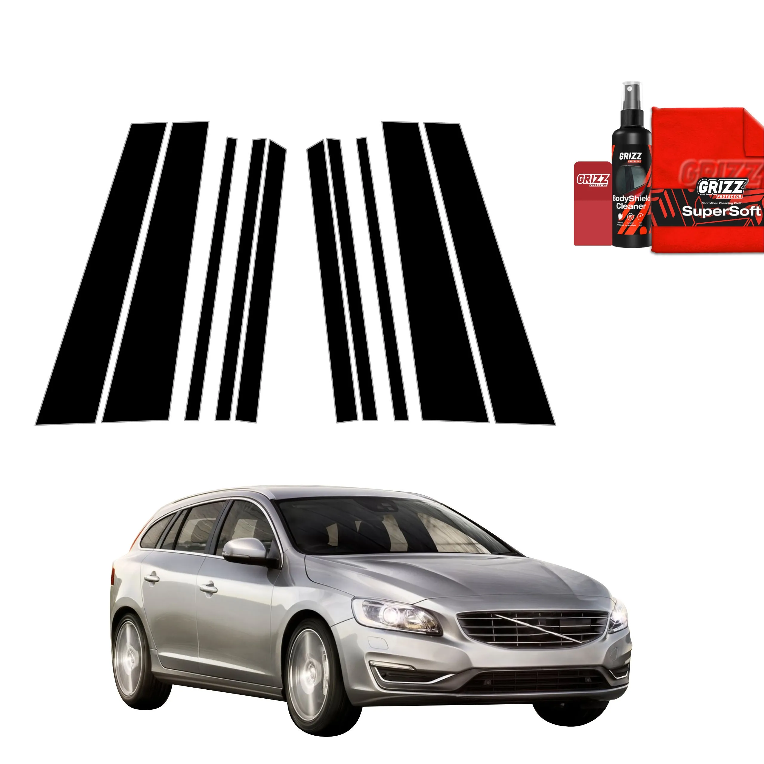 10-i-1 Stolpebeskyttere Volvo V60 I Stasjonsvogn 2011 - 2018 │ PPF beskyttelsesfolie Sort Grizz BodyShield Black - sett 10 stk.