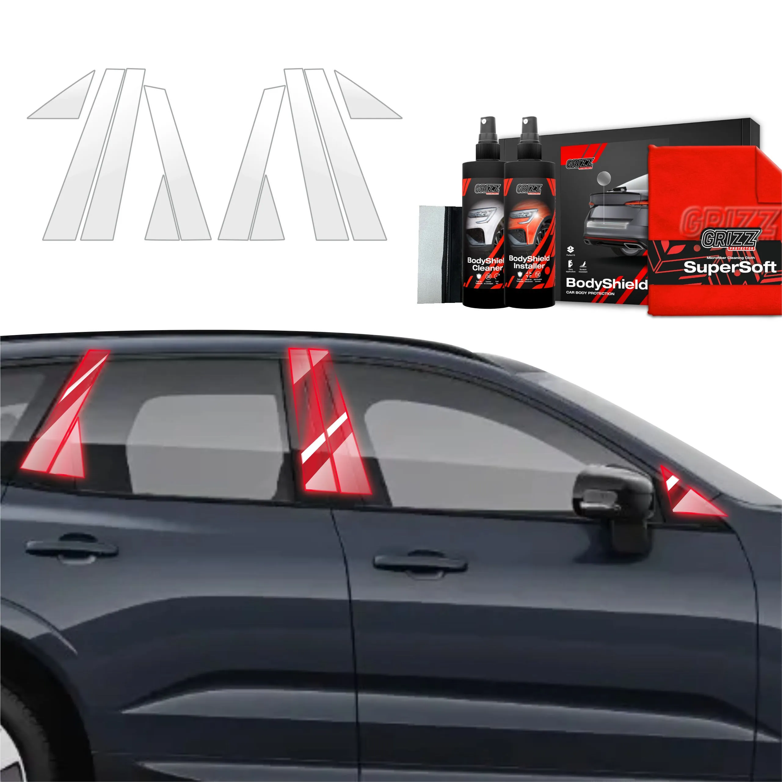 10-i-1 Stolpebeskyttere Volvo XC60 II 2022 - 2026 │ PPF beskyttelsesfolie Gjennomsiktig Grizz BodyShield - sett 10 stk.