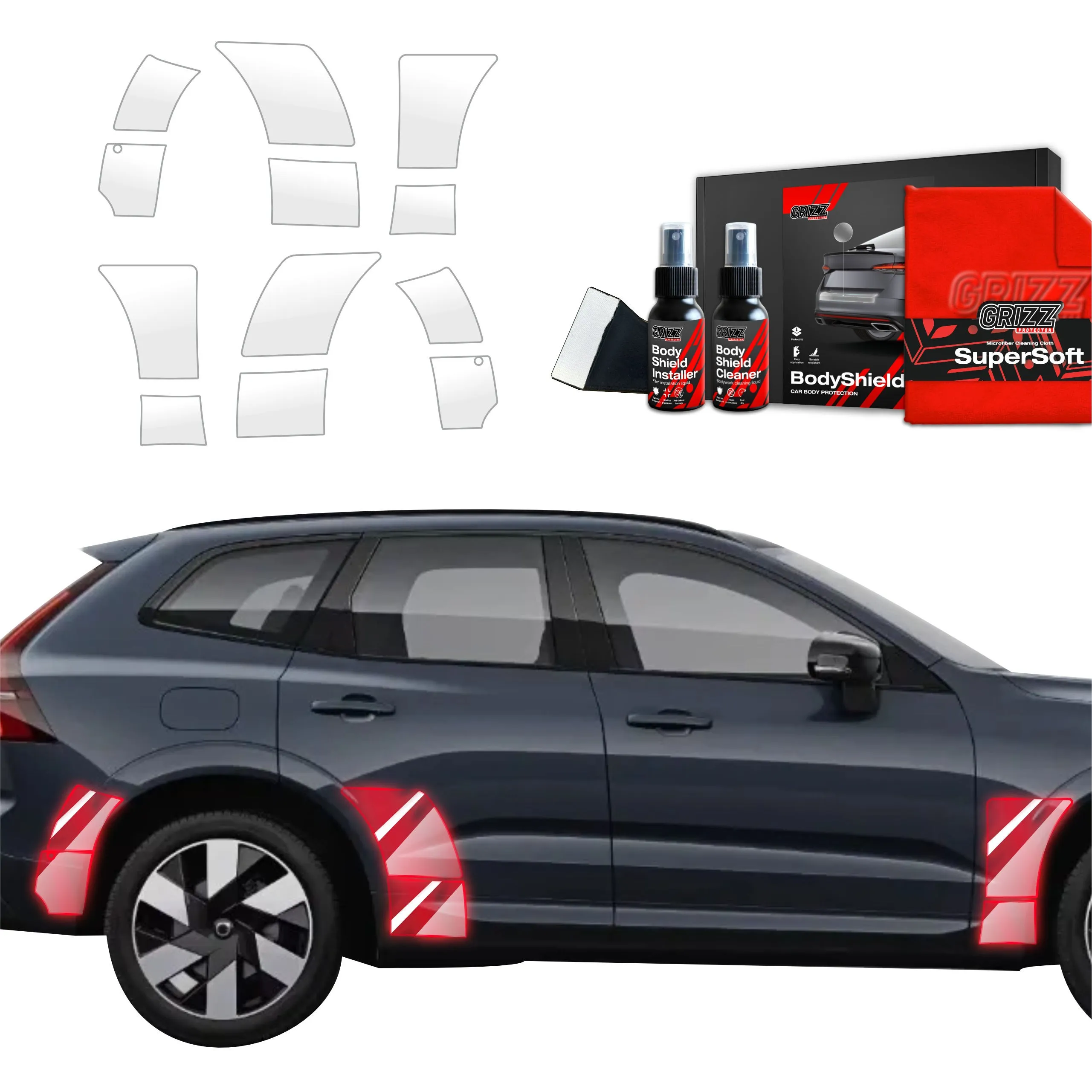 10-i-1 Stolpebeskyttere Volvo XC60 II 2022 - 2026 │ PPF beskyttelsesfolie Gjennomsiktig Grizz BodyShield - sett 10 stk. – bilde 8