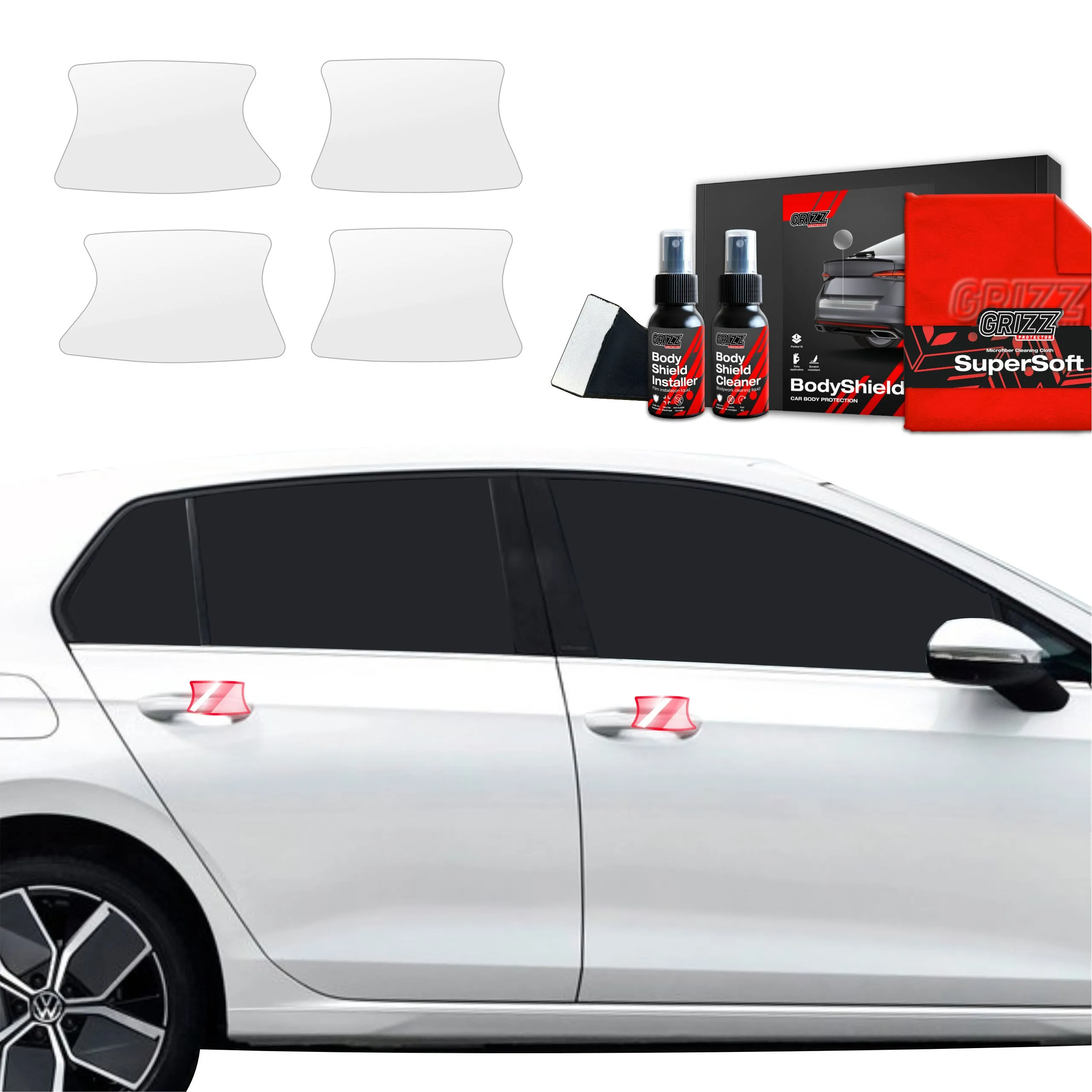 4-i-1 Lakkbeskyttelsesfilm Volkswagen Golf MK8 Hatchback 2024 - 2026 │ PPF beskyttelsesfolie Gjennomsiktig Grizz BodyShield - sett 4 stk.