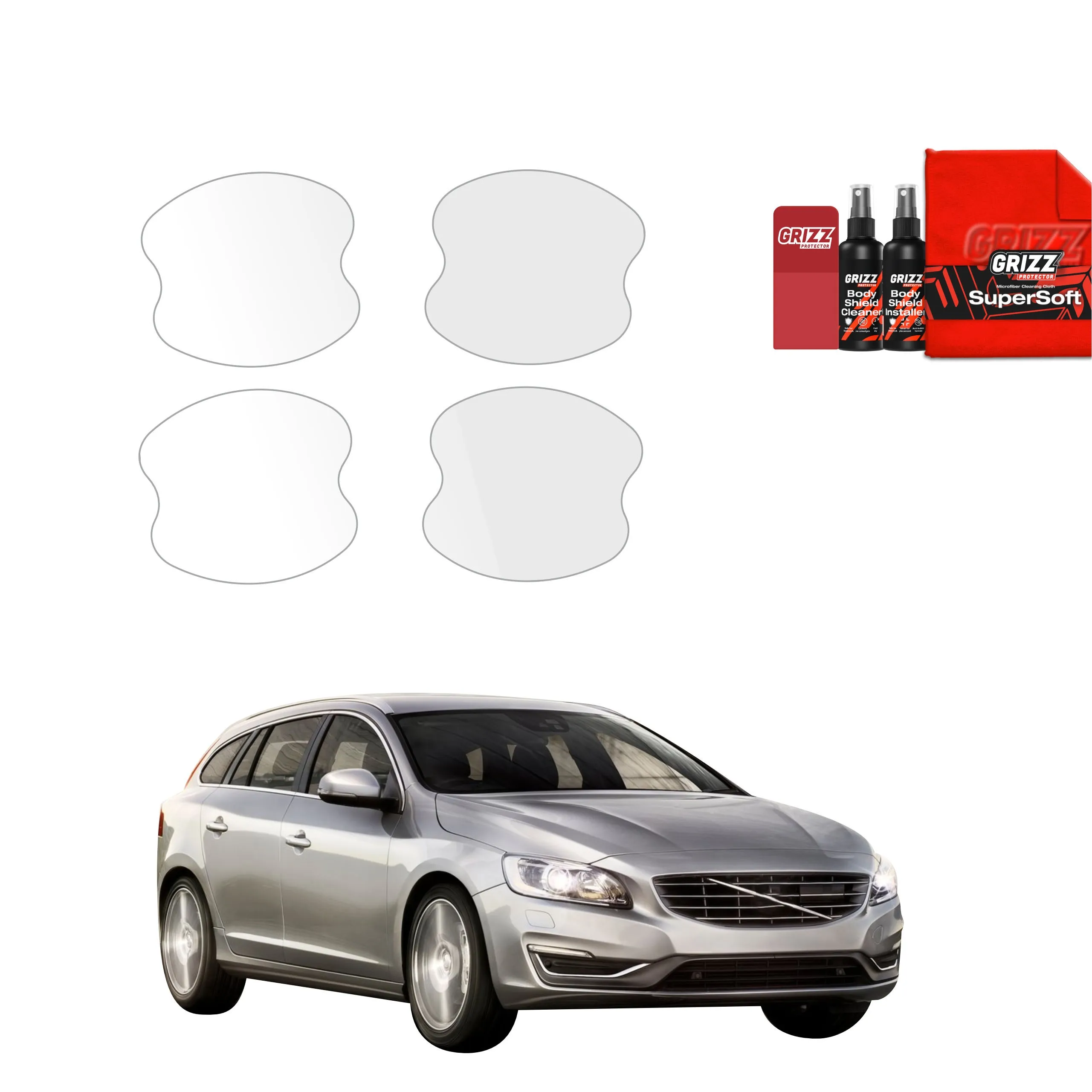 4-i-1 Lakkbeskyttelsesfilm Volvo V60 I Stasjonsvogn 2011 - 2018 │ PPF beskyttelsesfolie Gjennomsiktig Grizz BodyShield - sett 4 stk.