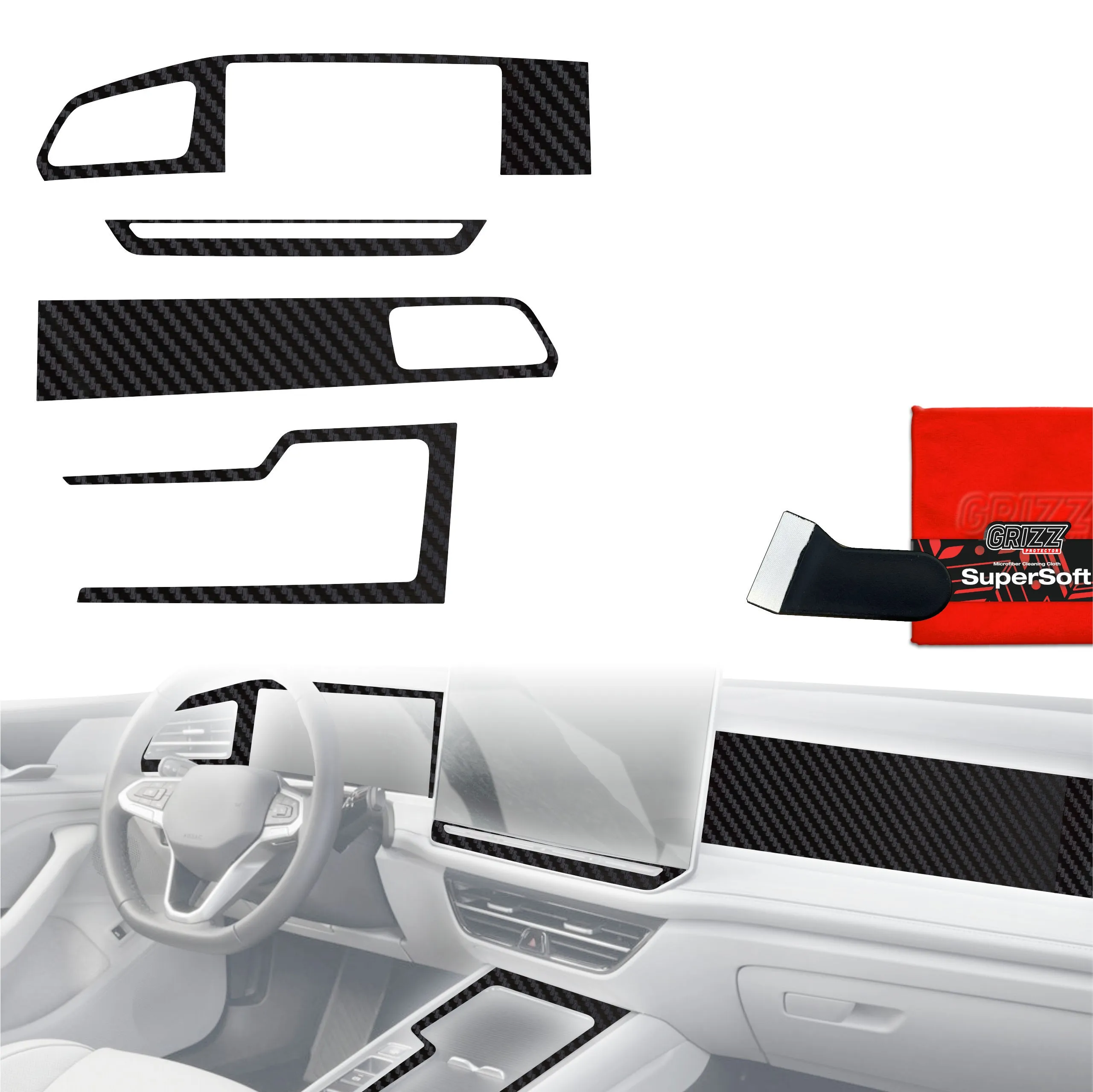4-i-1 Midtkonsoll beskyttelsesfolie VW Passat B8 2024 - 2026 │ Anti-fingerprint folie for interiør Karbon Grizz PianoSkin Black Matte - sett 4 stk.