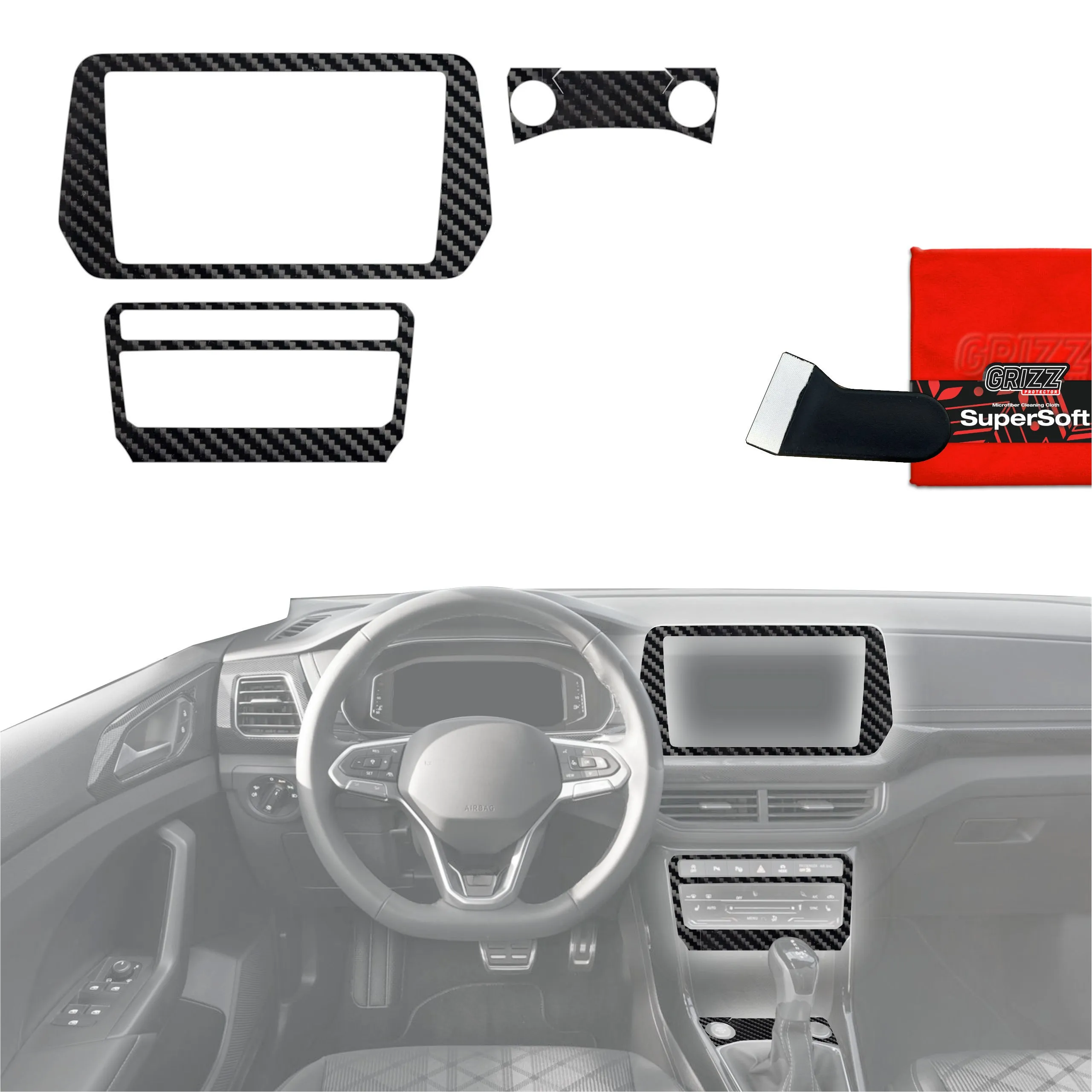 4-i-1 Midtkonsoll beskyttelsesfolie VW T-Cross I Cross 2025 - 2026 │ Anti-fingerprint folie for interiør Karbon Grizz PianoSkin Carbon Glossy - sett 4 stk.
