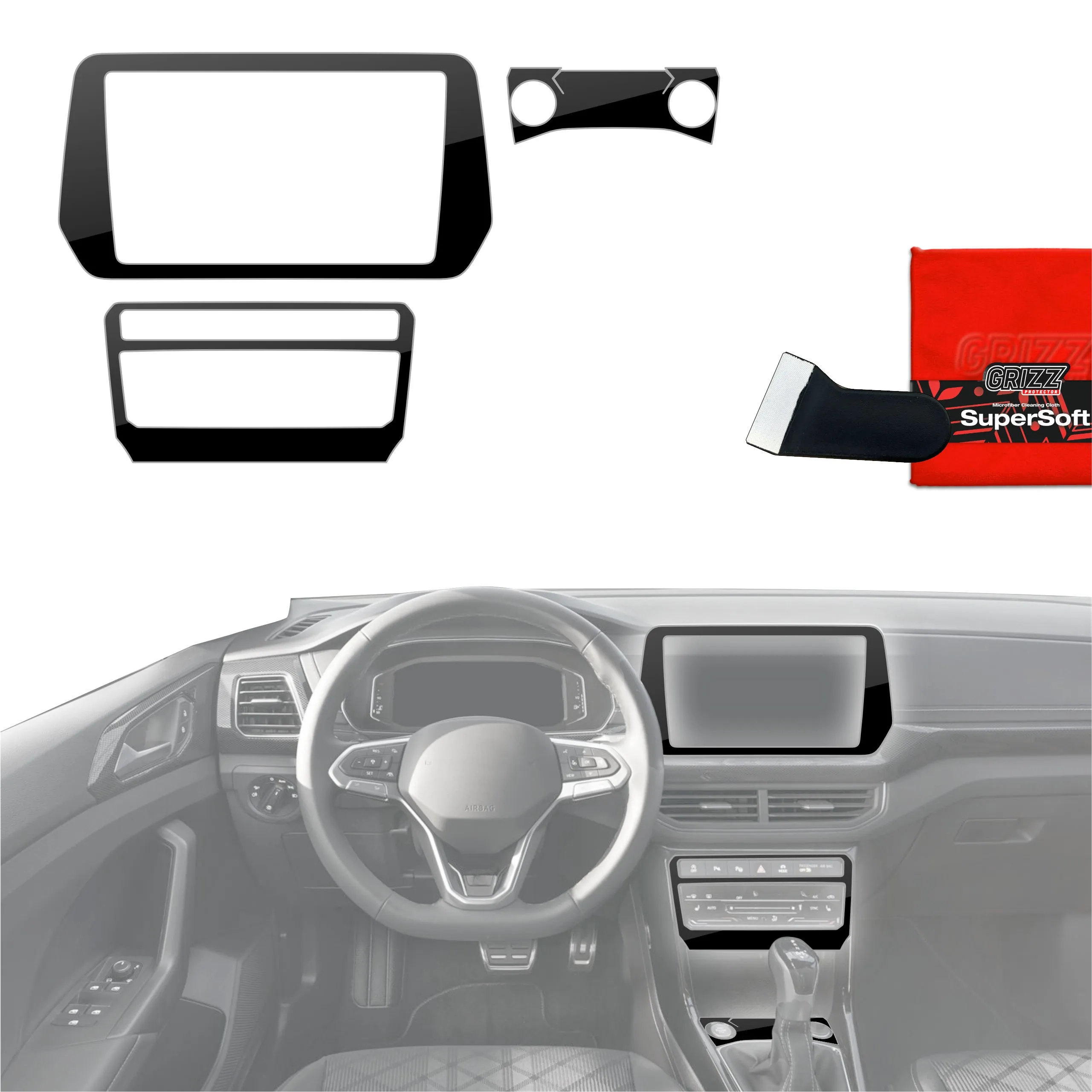 4-i-1 Midtkonsoll beskyttelsesfolie VW T-Cross I Cross 2025 - 2026 │ Anti-fingerprint folie for interiør Sort Grizz PianoSkin Black Glossy - sett 4 stk.