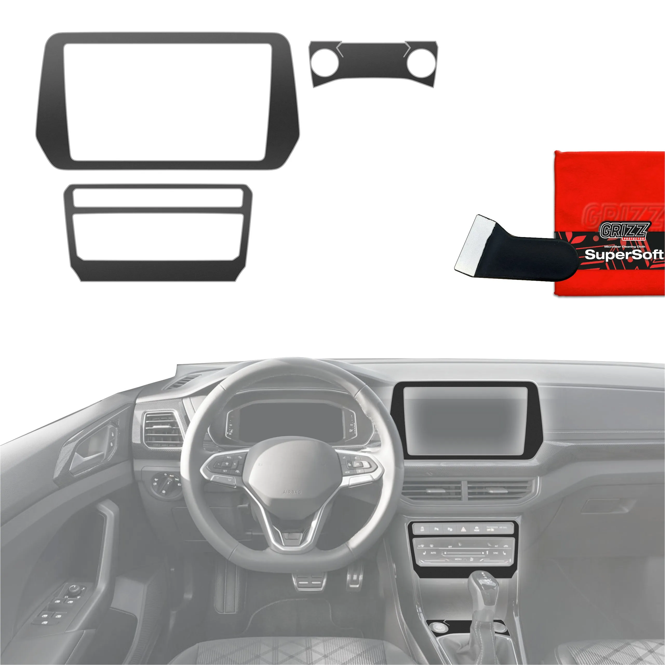 4-i-1 Midtkonsoll beskyttelsesfolie VW T-Cross I Cross 2025 - 2026 │ Anti-fingerprint folie for interiør Sort Grizz PianoSkin Black Matte - sett 4 stk.