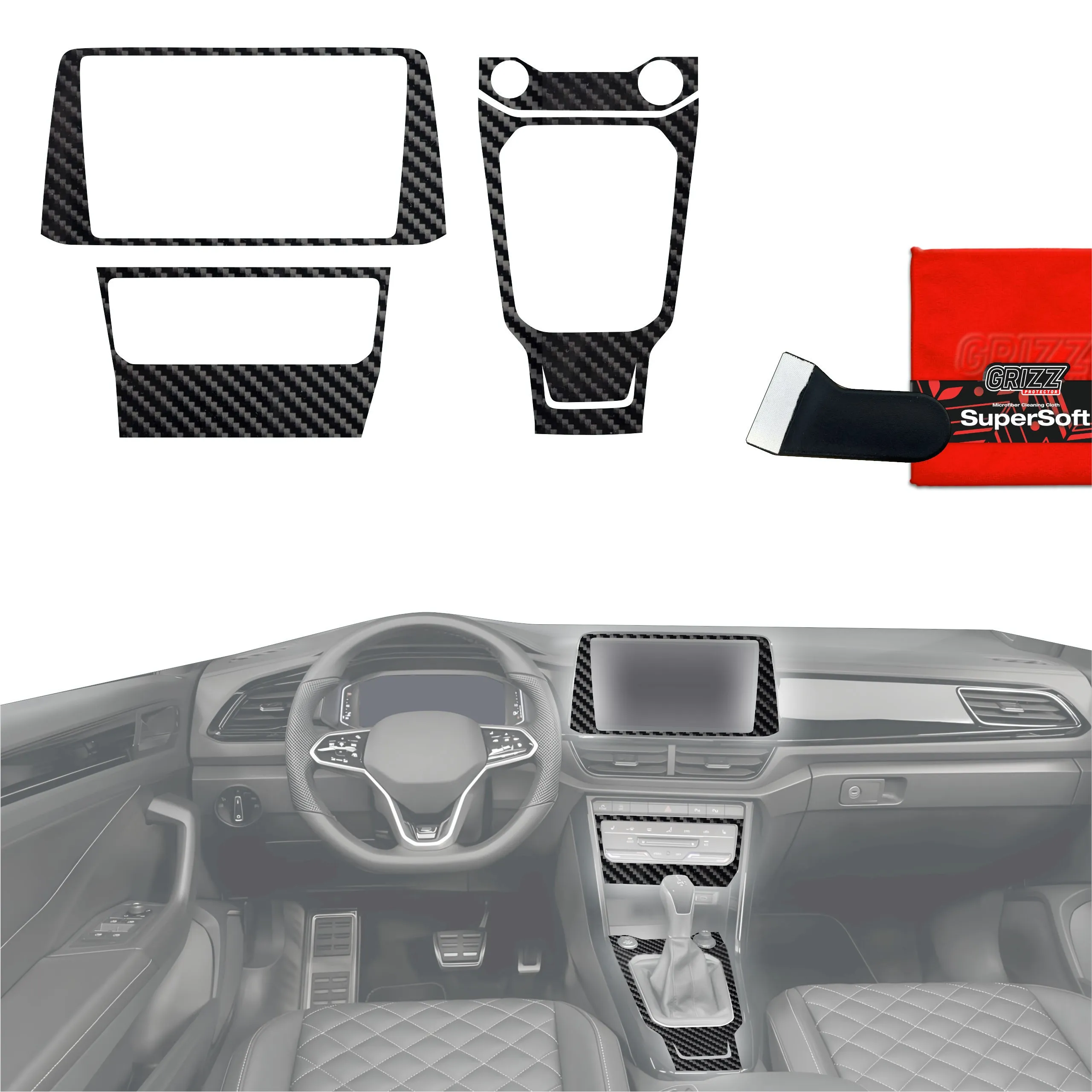 4-i-1 Midtkonsoll beskyttelsesfolie VW T-Roc II 2025 - 2026 │ Anti-fingerprint folie for interiør Karbon Grizz PianoSkin Carbon Glossy - sett 4 stk.