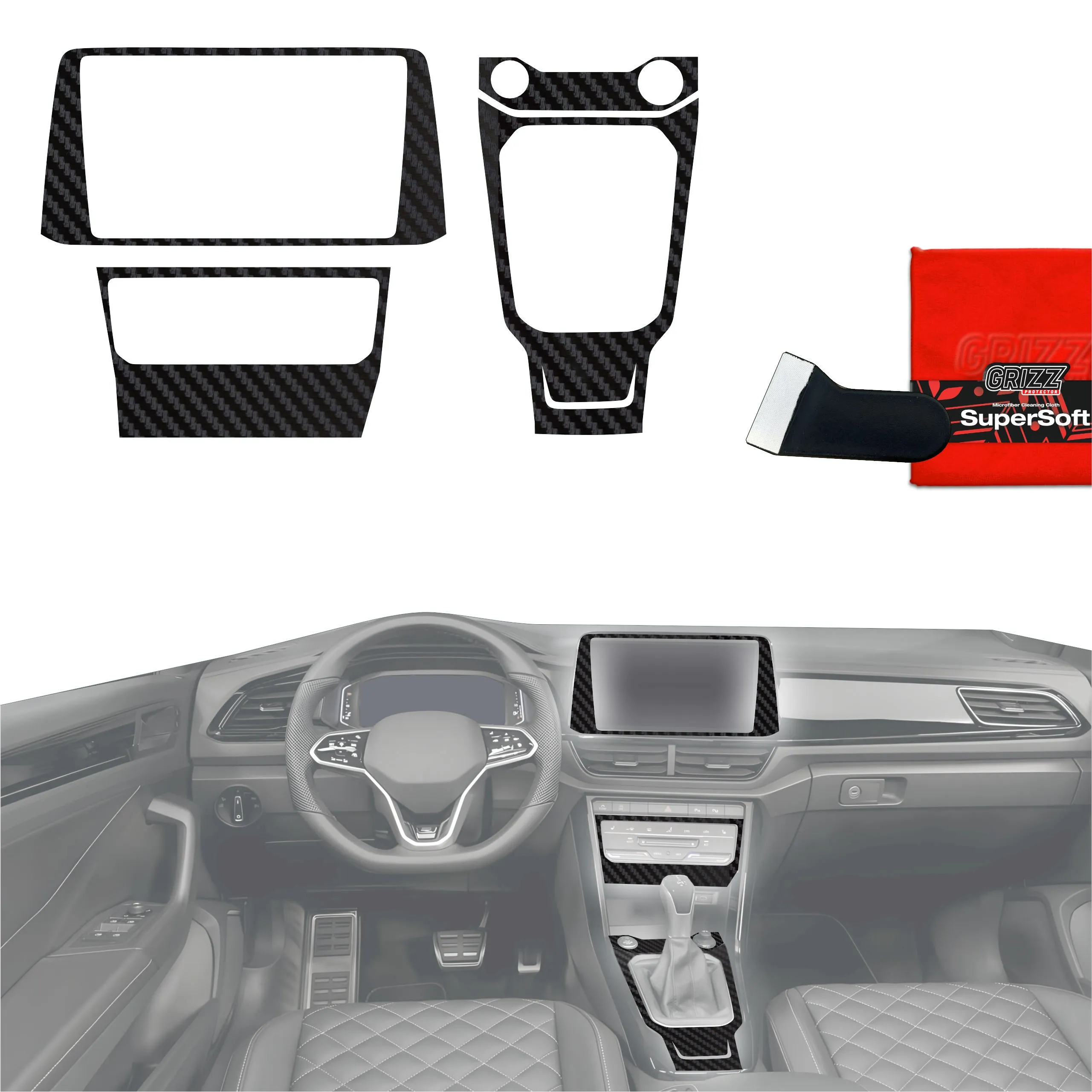 4-i-1 Midtkonsoll beskyttelsesfolie VW T-Roc II 2025 - 2026 │ Anti-fingerprint folie for interiør Karbon Grizz PianoSkin Carbon Matte - sett 4 stk.
