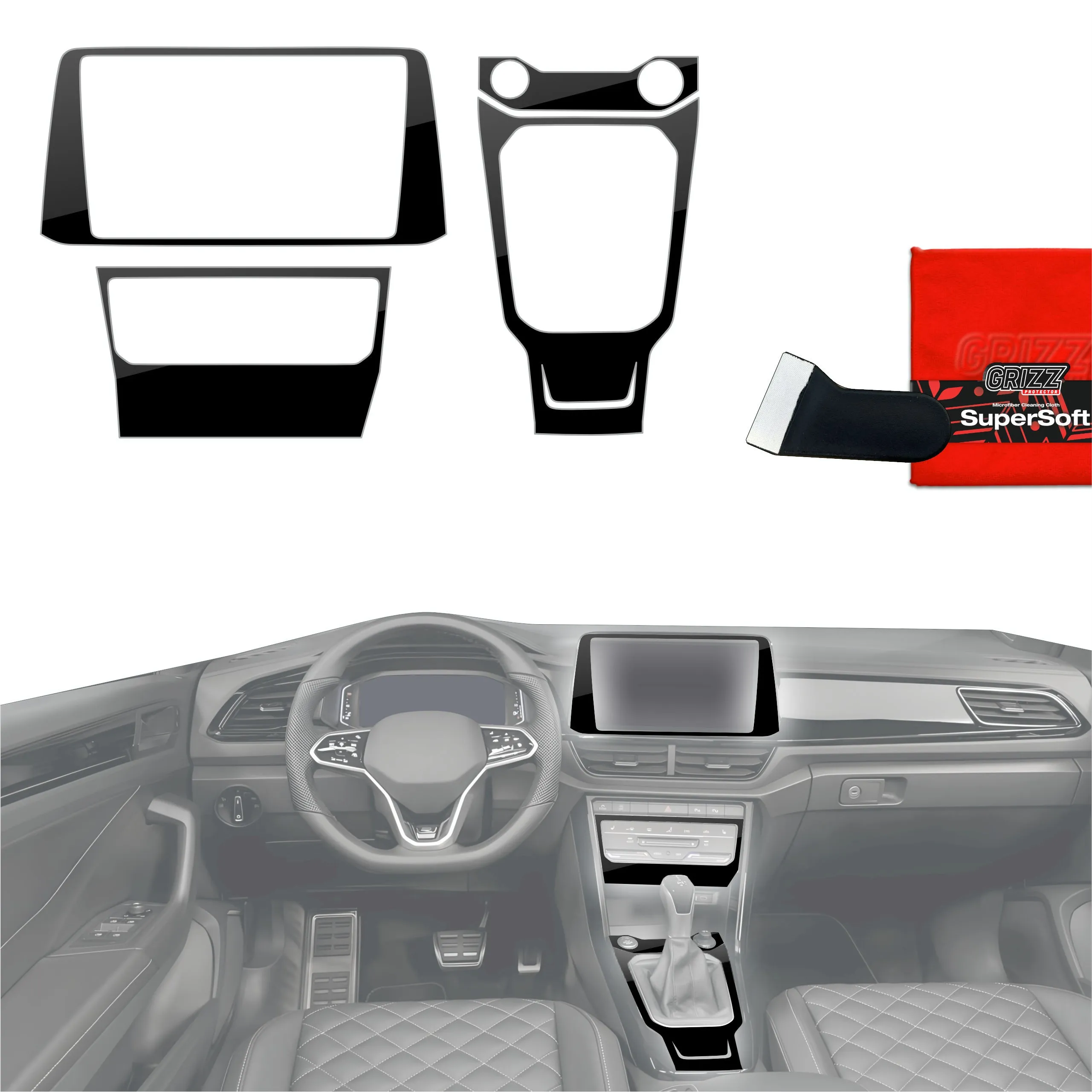 4-i-1 Midtkonsoll beskyttelsesfolie VW T-Roc II 2025 - 2026 │ Anti-fingerprint folie for interiør Sort Grizz PianoSkin Black Glossy - sett 4 stk.