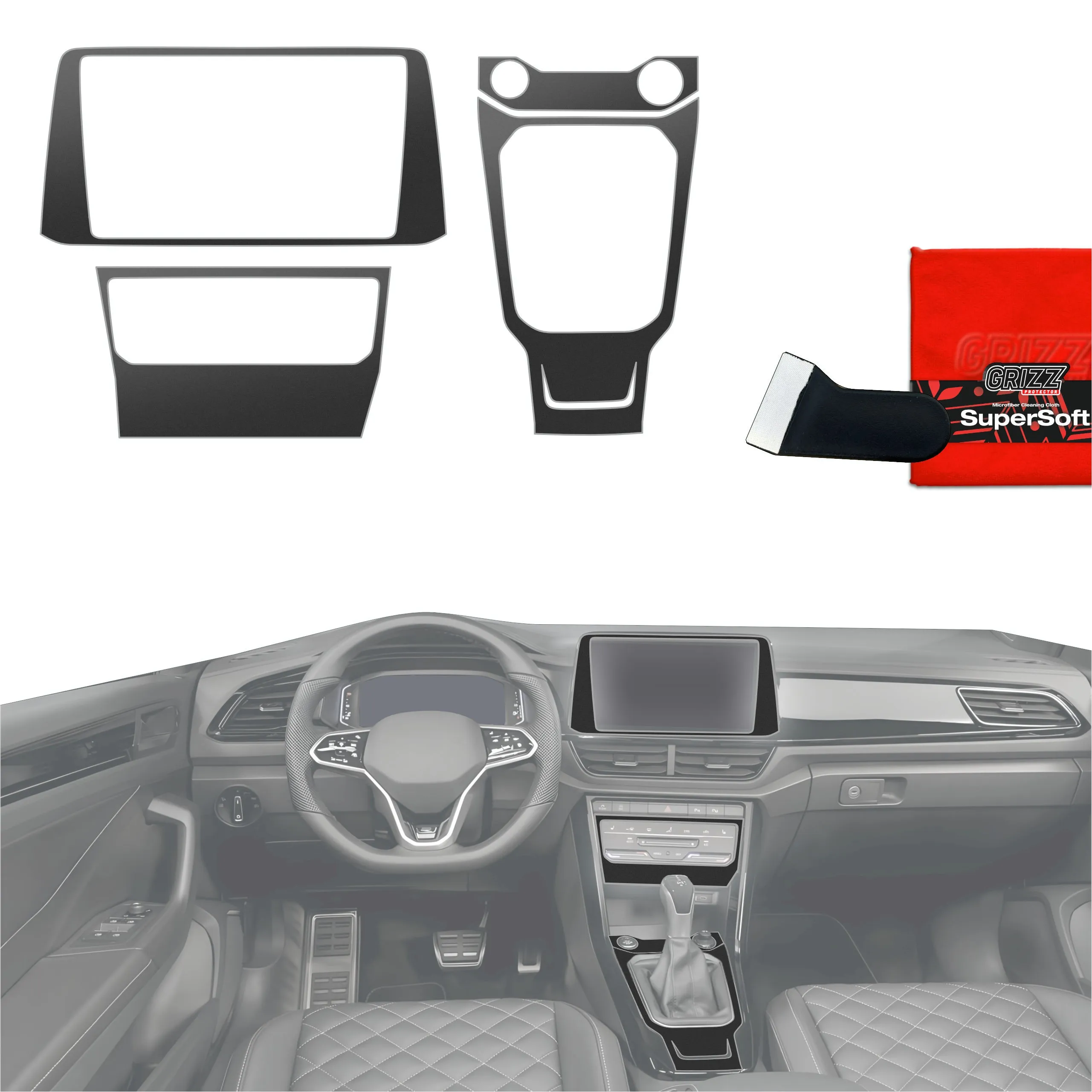 4-i-1 Midtkonsoll beskyttelsesfolie VW T-Roc II 2025 - 2026 │ Anti-fingerprint folie for interiør Sort Grizz PianoSkin Black Matte - sett 4 stk.