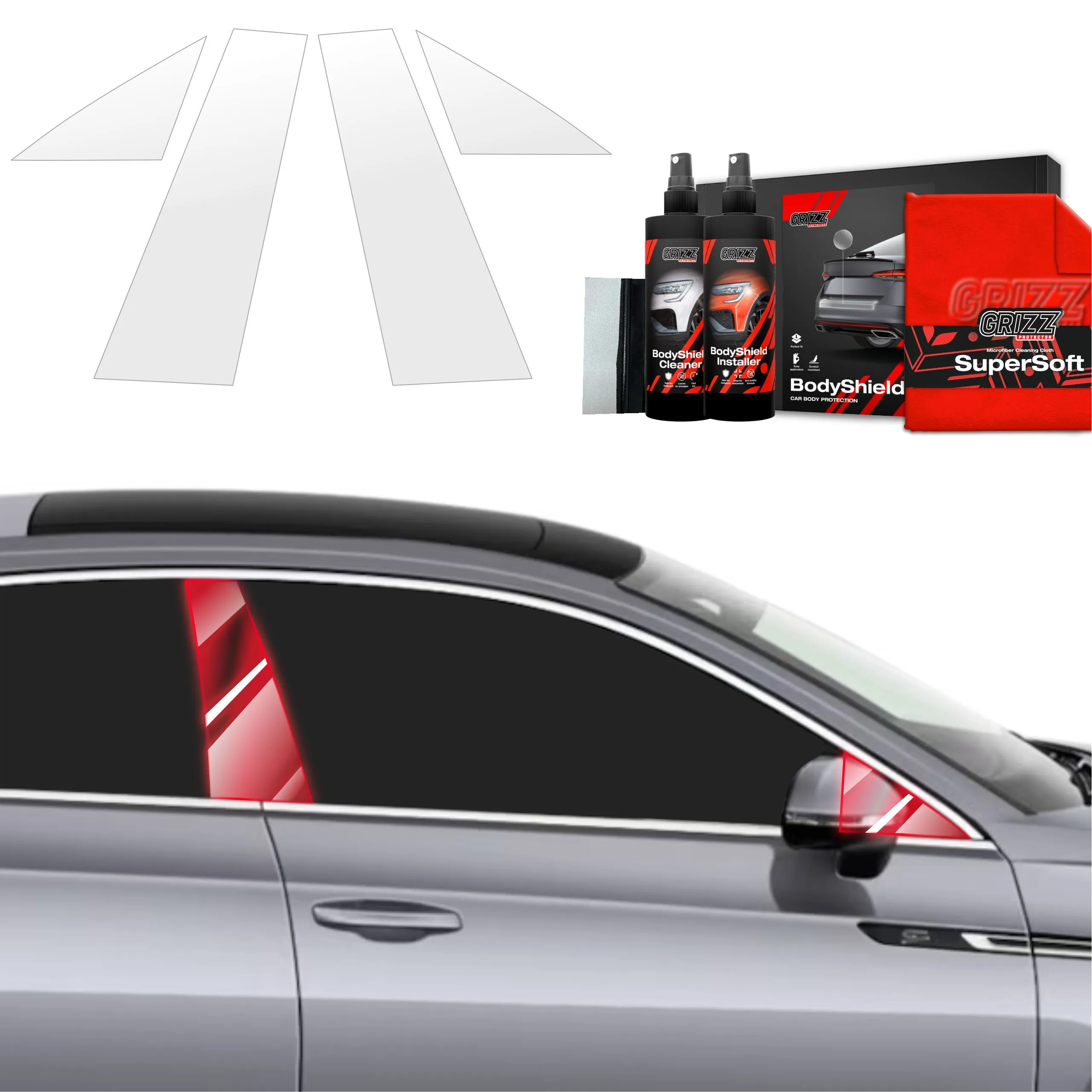 4-i-1 Stolpebeskyttere Volkswagen Arteon I 2024 - 2025 │ PPF beskyttelsesfolie Gjennomsiktig Grizz BodyShield - sett 4 stk.