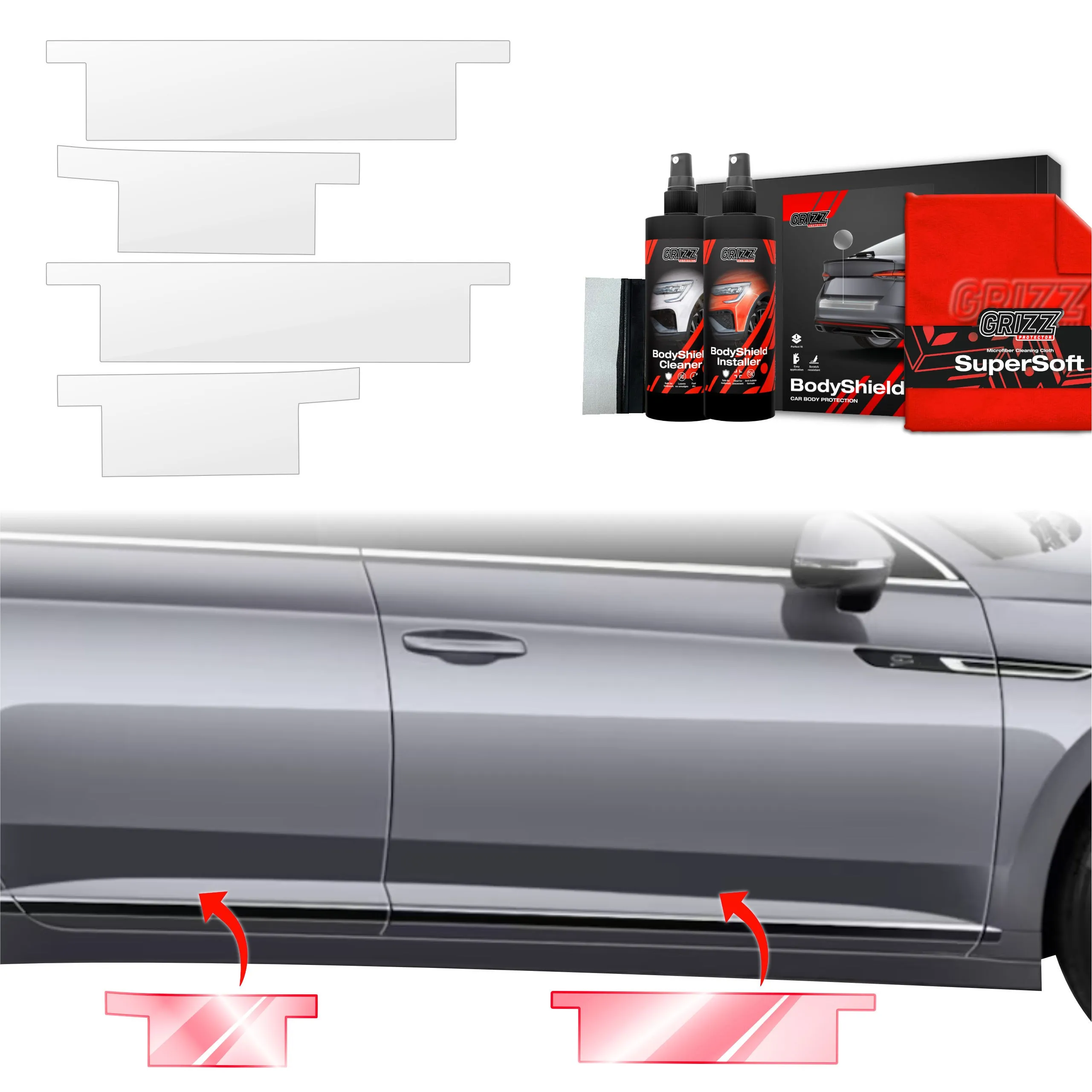 4-i-1 Stolpebeskyttere Volkswagen Arteon I 2024 - 2025 │ PPF beskyttelsesfolie Gjennomsiktig Grizz BodyShield - sett 4 stk. – bilde 6