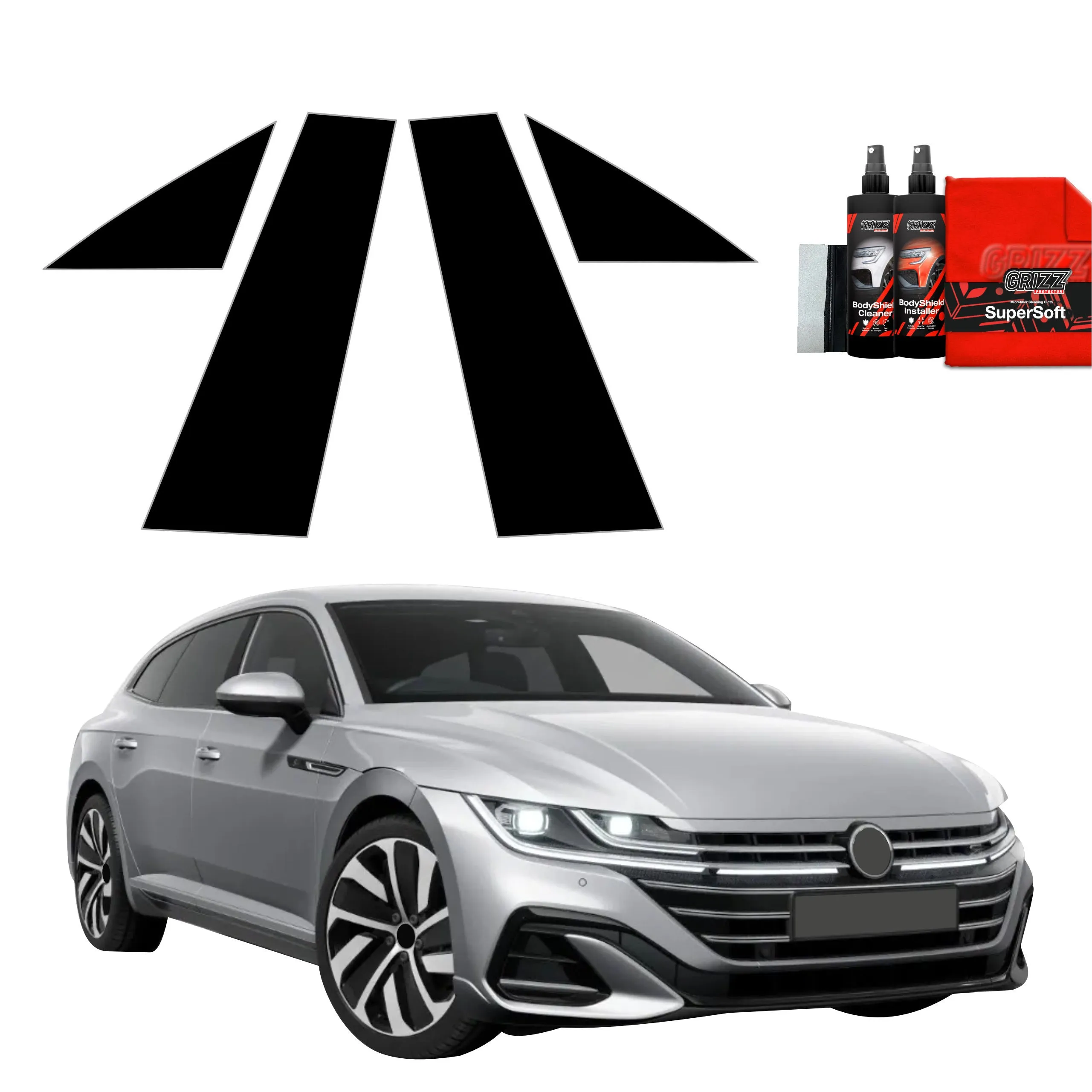4-i-1 Stolpebeskyttere Volkswagen Arteon I 2024 - 2025 │ PPF beskyttelsesfolie Sort Grizz BodyShield Black - sett 4 stk.