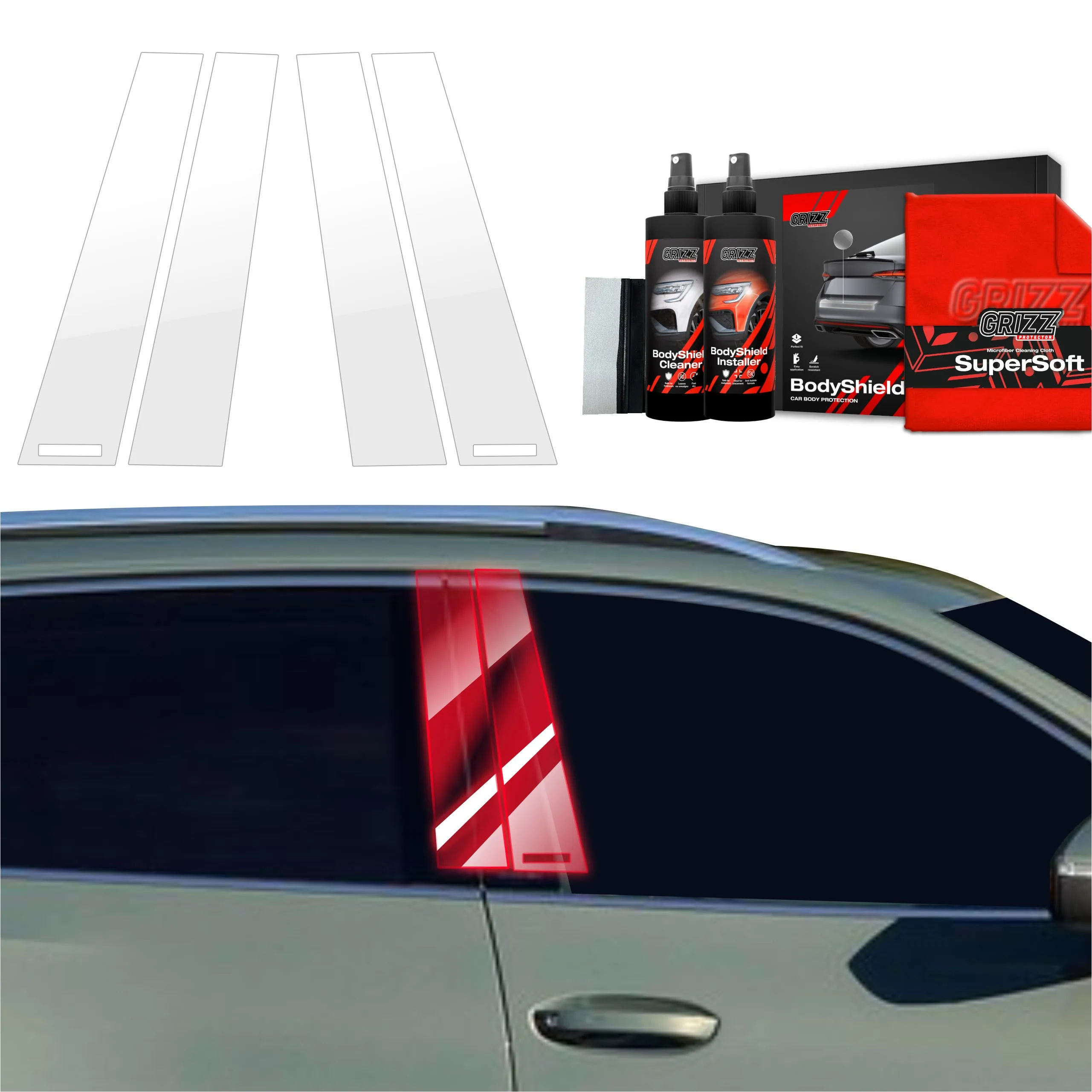 4-i-1 Stolpebeskyttere Volkswagen Tiguan II 2024 - 2026 │ PPF beskyttelsesfolie Gjennomsiktig Grizz BodyShield - sett 4 stk.