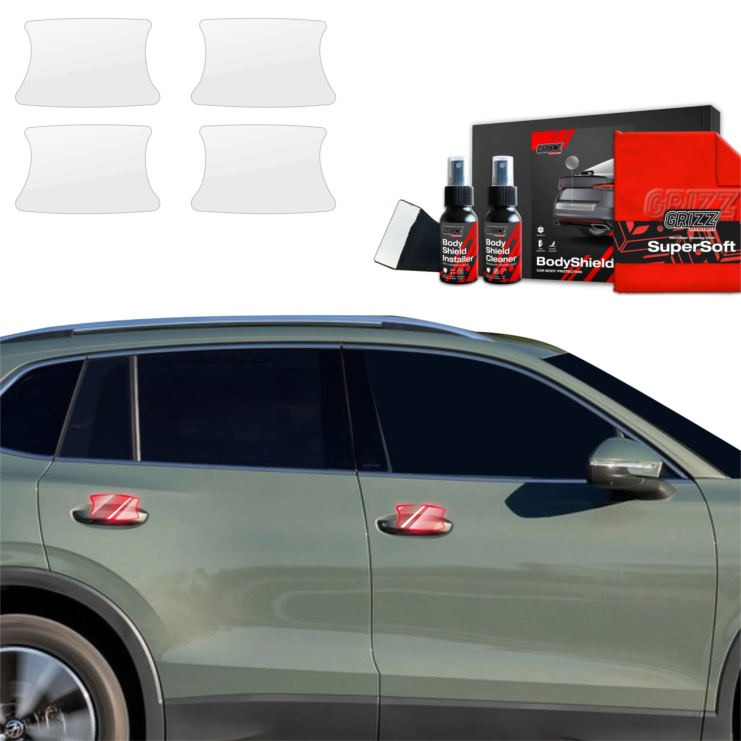 4-i-1 Stolpebeskyttere Volkswagen Tiguan II 2024 - 2026 │ PPF beskyttelsesfolie Gjennomsiktig Grizz BodyShield - sett 4 stk. – bilde 6