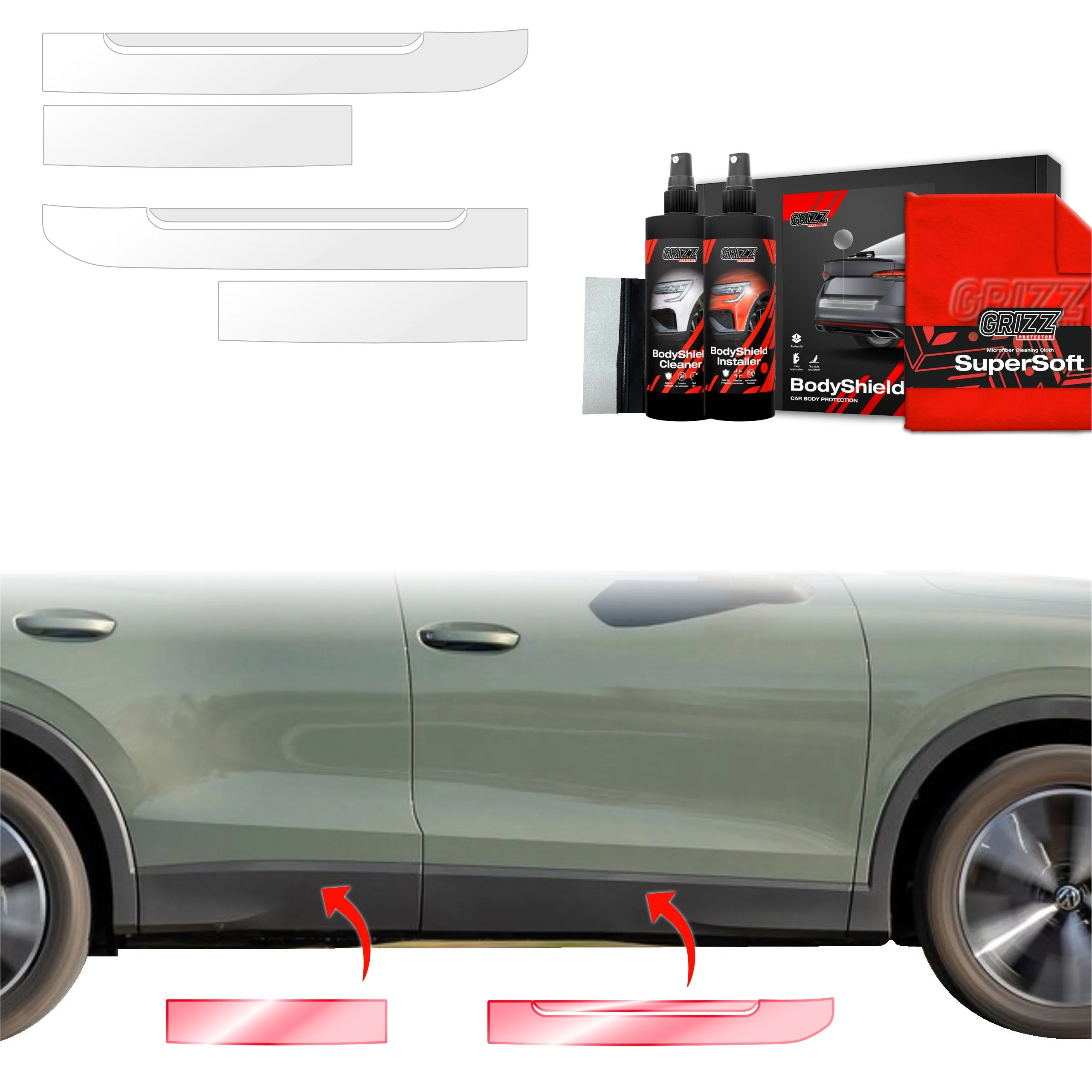 4-i-1 Stolpebeskyttere Volkswagen Tiguan II 2024 - 2026 │ PPF beskyttelsesfolie Gjennomsiktig Grizz BodyShield - sett 4 stk. – bilde 7