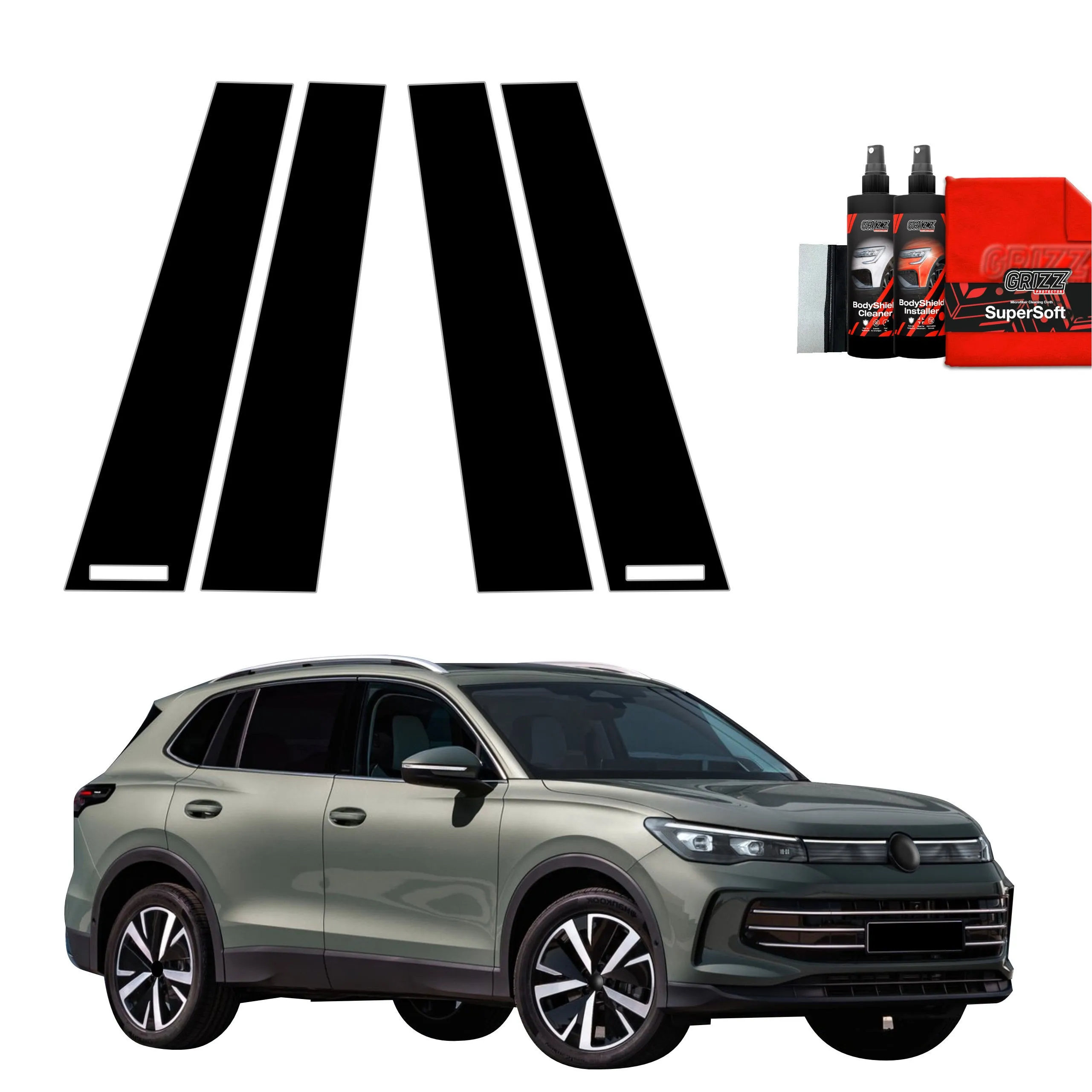 4-i-1 Stolpebeskyttere Volkswagen Tiguan II 2024 - 2026 │ PPF beskyttelsesfolie Sort Grizz BodyShield Black - sett 4 stk.