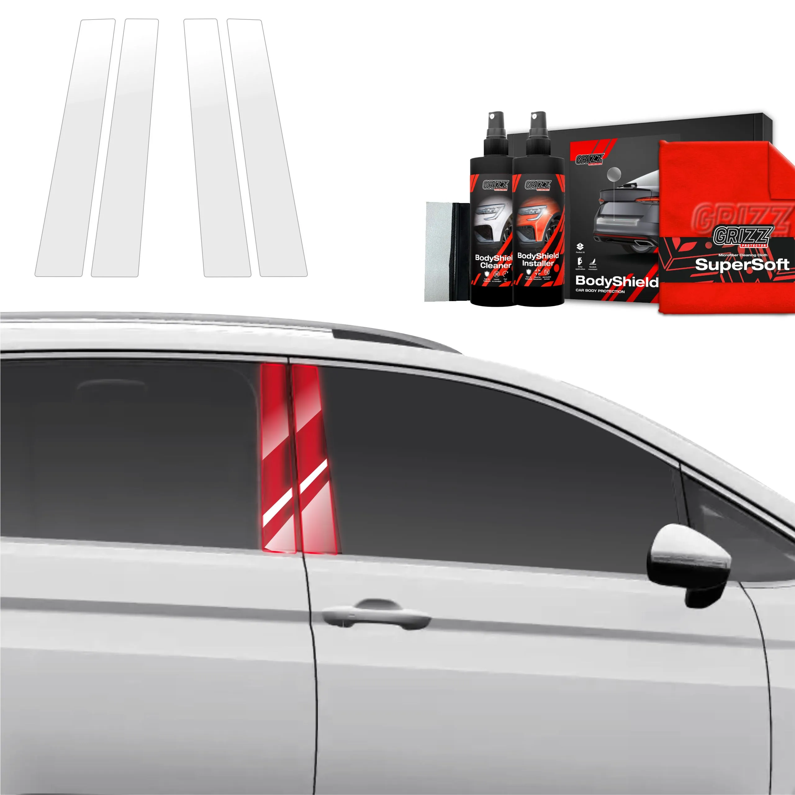 4-i-1 Stolpebeskyttere Volkswagen Touran II 2024 - 2026 │ PPF beskyttelsesfolie Gjennomsiktig Grizz BodyShield - sett 4 stk.