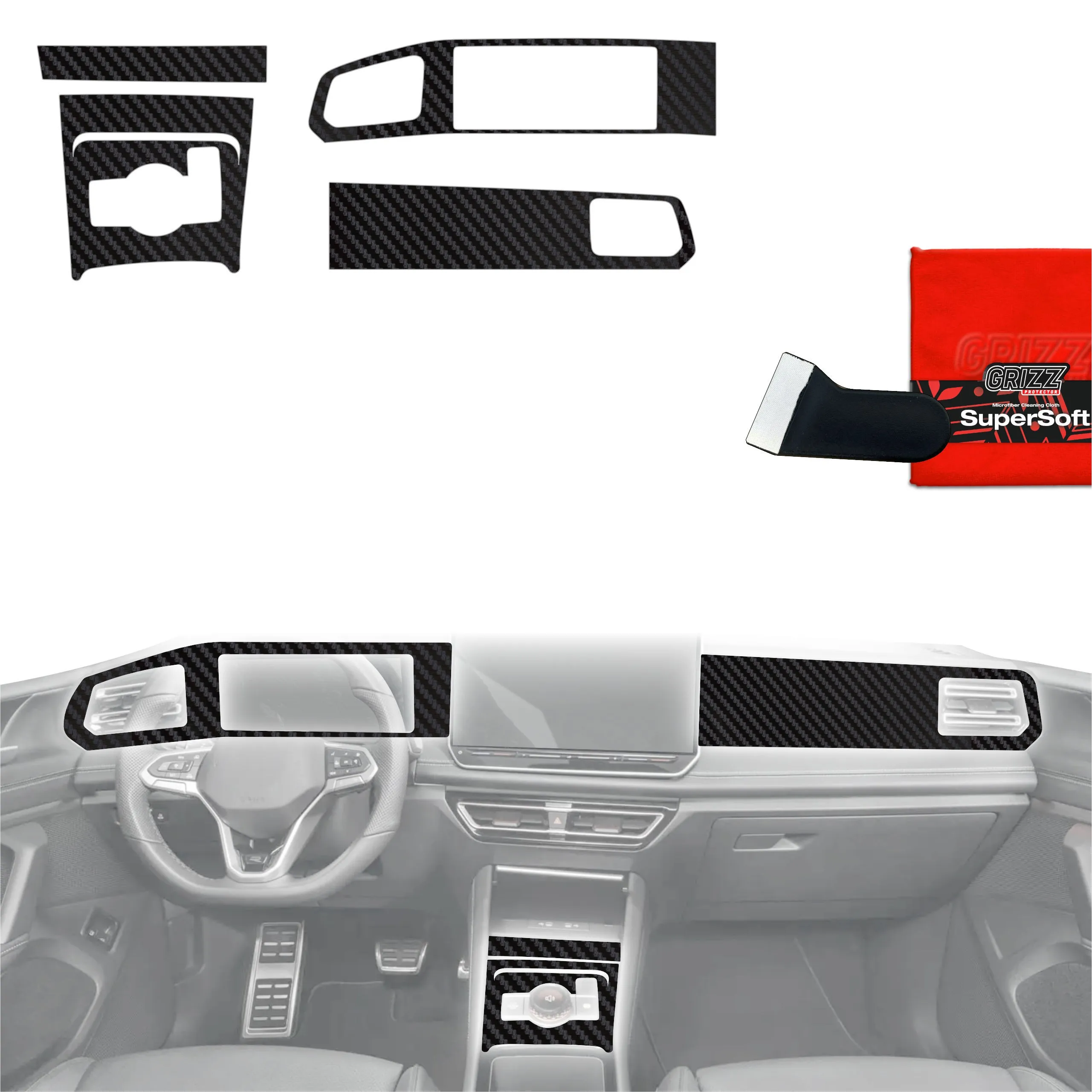 5-i-1 Midtkonsoll beskyttelsesfolie VW Tiguan III 2024 - 2026 │ Anti-fingerprint folie for interiør Karbon Grizz PianoSkin Black Matte - sett 5 stk.