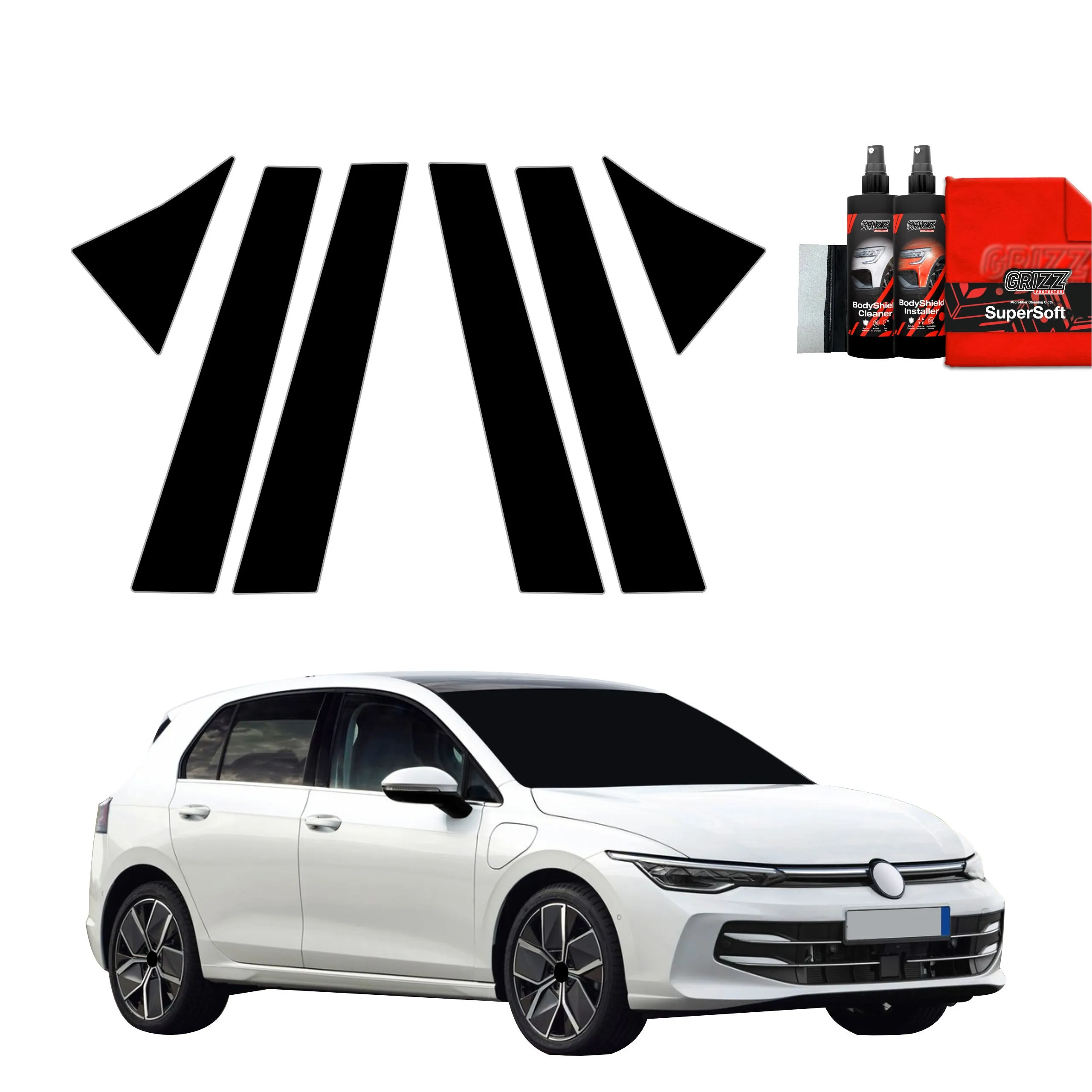 6-i-1 Stolpebeskyttere Volkswagen Golf MK8 Hatchback 2024 - 2026 │ PPF beskyttelsesfolie Sort Grizz BodyShield Black - sett 6 stk.