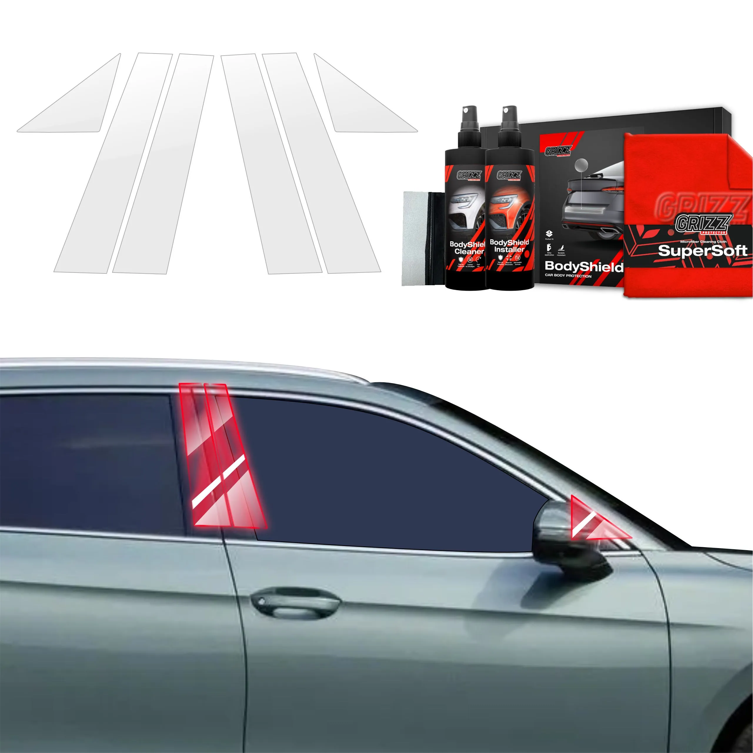 6-i-1 Stolpebeskyttere Volkswagen Passat B8 2024 - 2026 │ PPF beskyttelsesfolie Gjennomsiktig Grizz BodyShield - sett 6 stk.