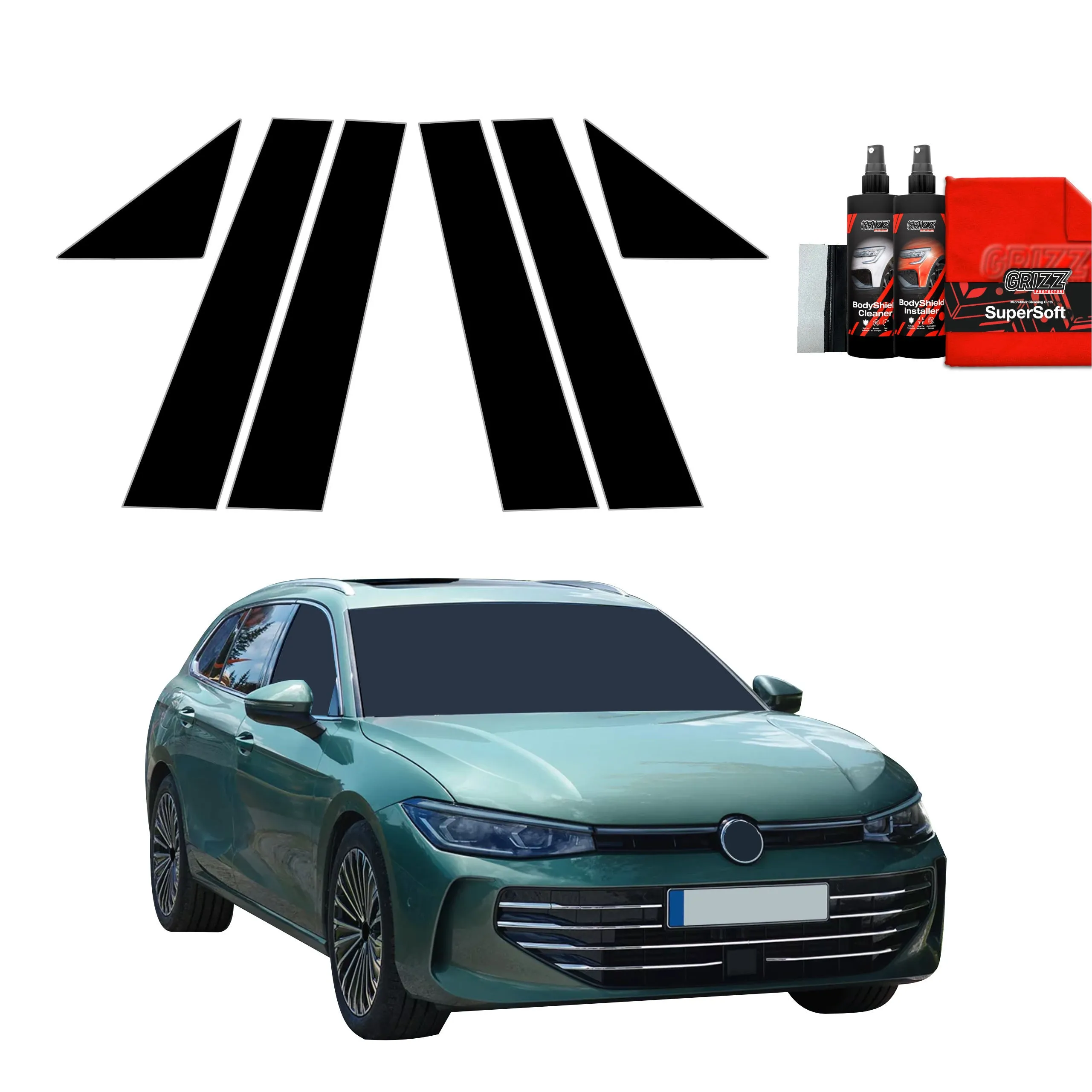 6-i-1 Stolpebeskyttere Volkswagen Passat B8 2024 - 2026 │ PPF beskyttelsesfolie Sort Grizz BodyShield Black - sett 6 stk.