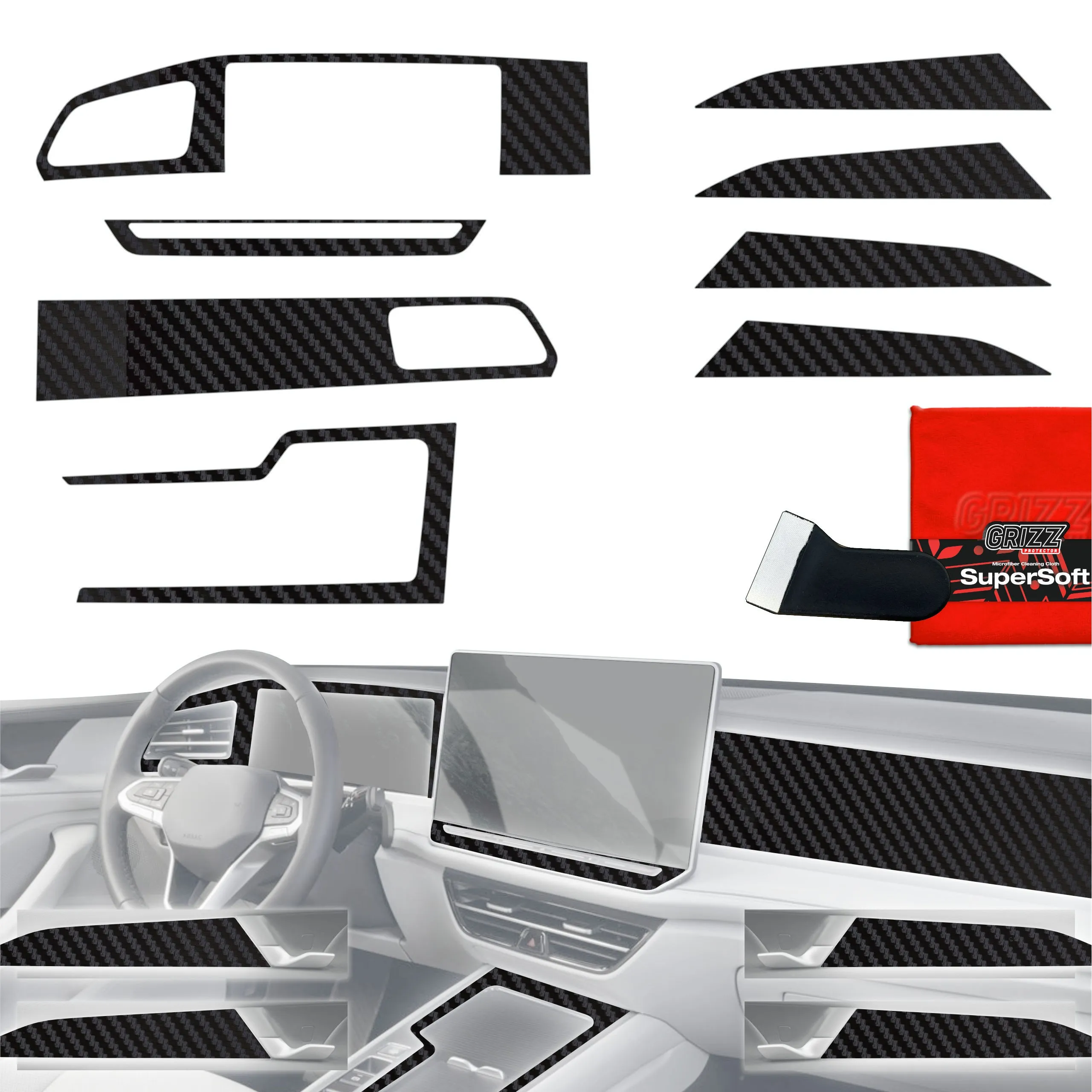 8-i-1 Midtkonsoll beskyttelsesfolie VW Passat B8 2024 - 2026 │ Anti-fingerprint folie for interiør Karbon Grizz PianoSkin Black Matte - sett 8 stk.