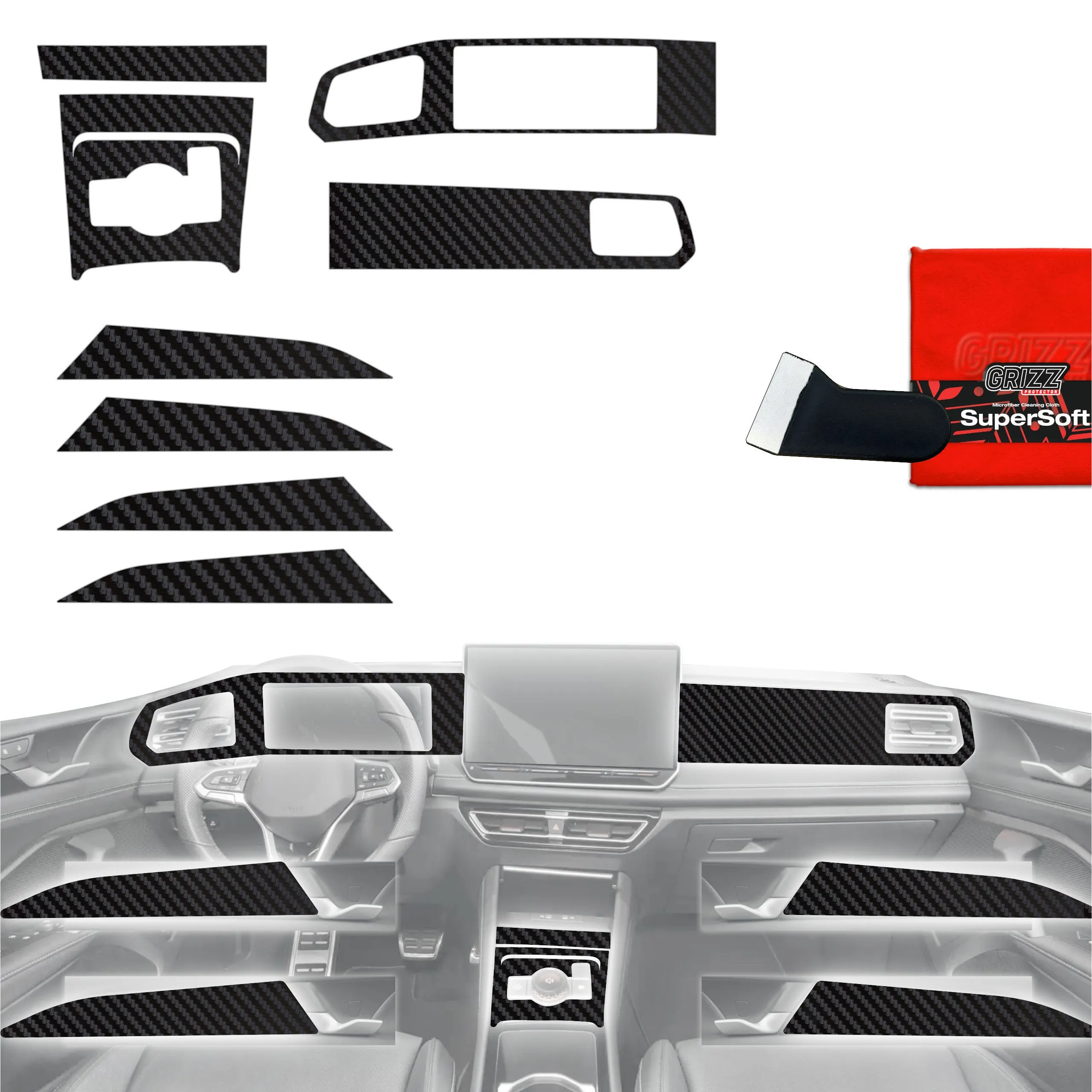 8-i-1 Midtkonsoll beskyttelsesfolie VW Tiguan III 2024 - 2026 │ Anti-fingerprint folie for interiør Karbon Grizz PianoSkin Black Matte - sett 8 stk.