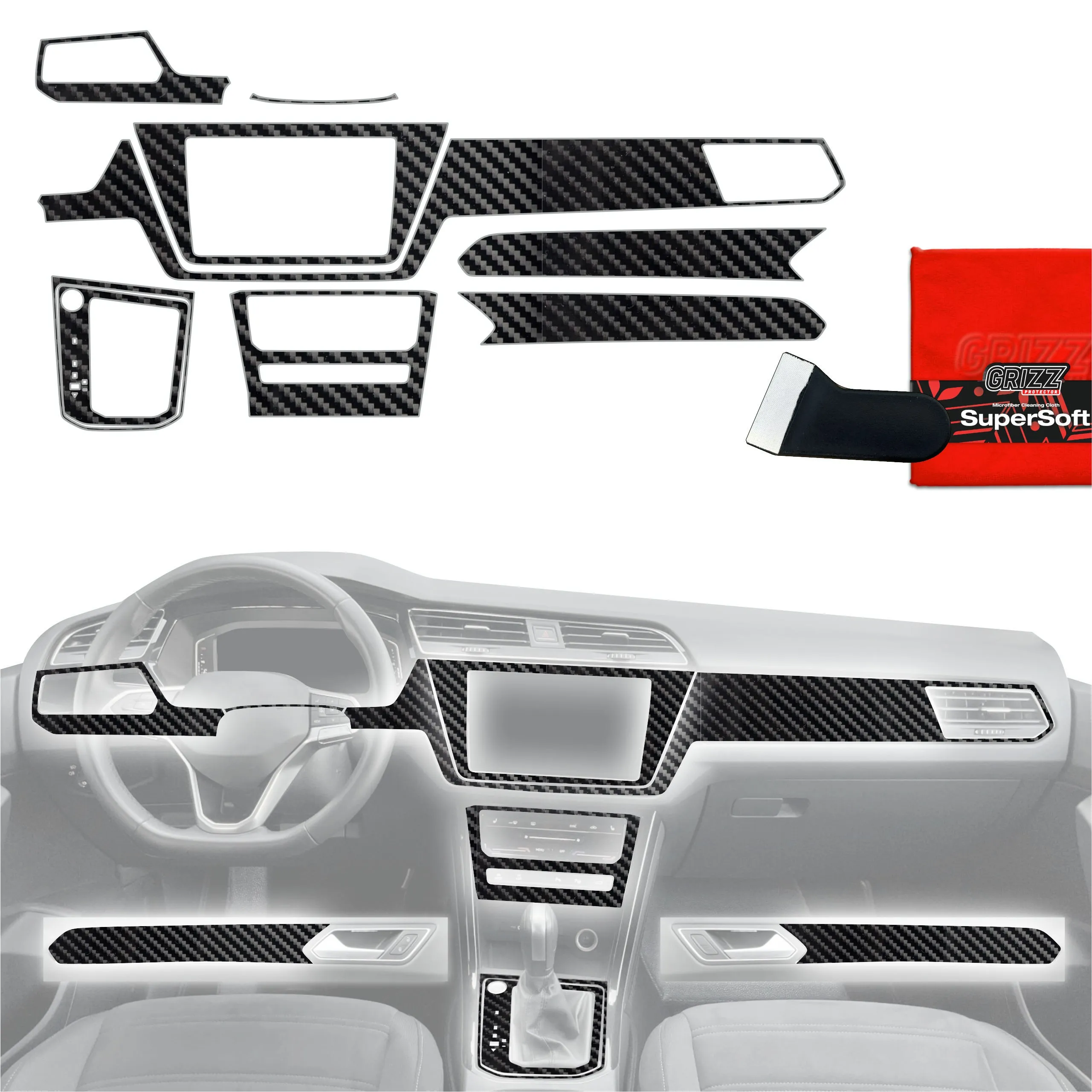 9-i-1 Midtkonsoll beskyttelsesfolie VW Touran II 2025 - 2026 │ Anti-fingerprint folie for interiør Karbon Grizz PianoSkin Carbon Glossy - sett 9 stk.