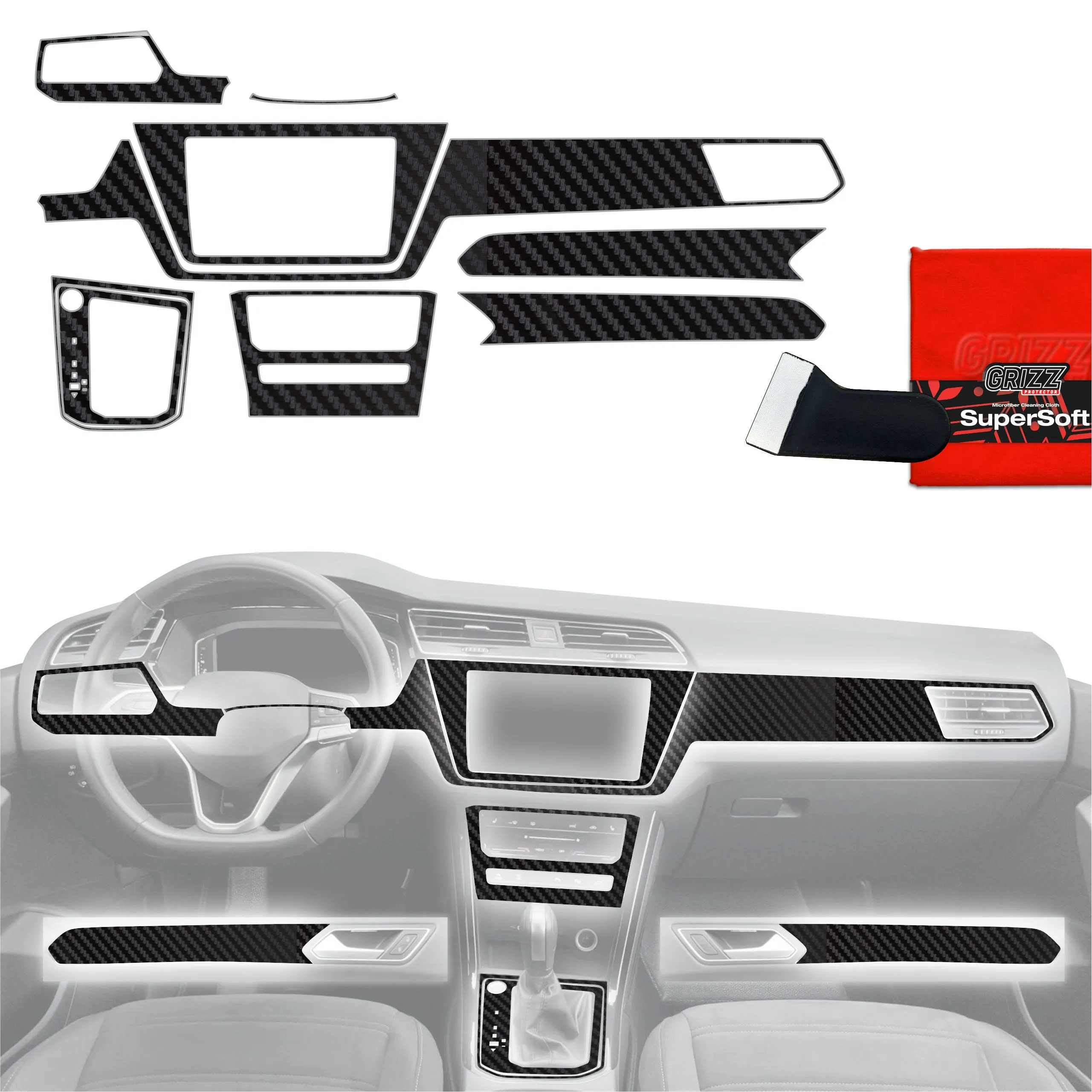 9-i-1 Midtkonsoll beskyttelsesfolie VW Touran II 2025 - 2026 │ Anti-fingerprint folie for interiør Karbon Grizz PianoSkin Carbon Matte - sett 9 stk.