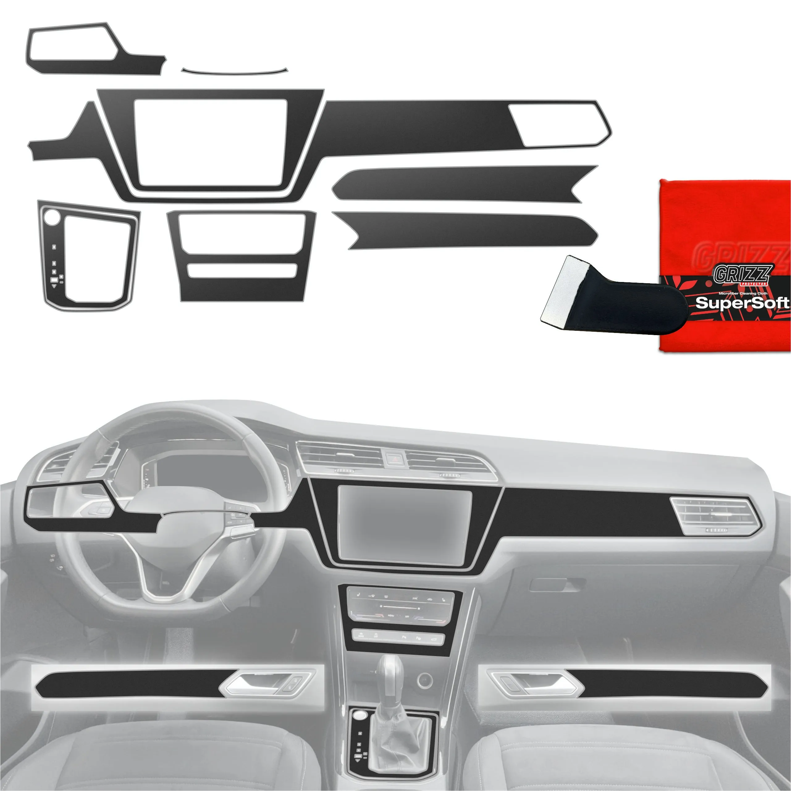 9-i-1 Midtkonsoll beskyttelsesfolie VW Touran II 2025 - 2026 │ Anti-fingerprint folie for interiør Sort Grizz PianoSkin Black Matte - sett 9 stk.