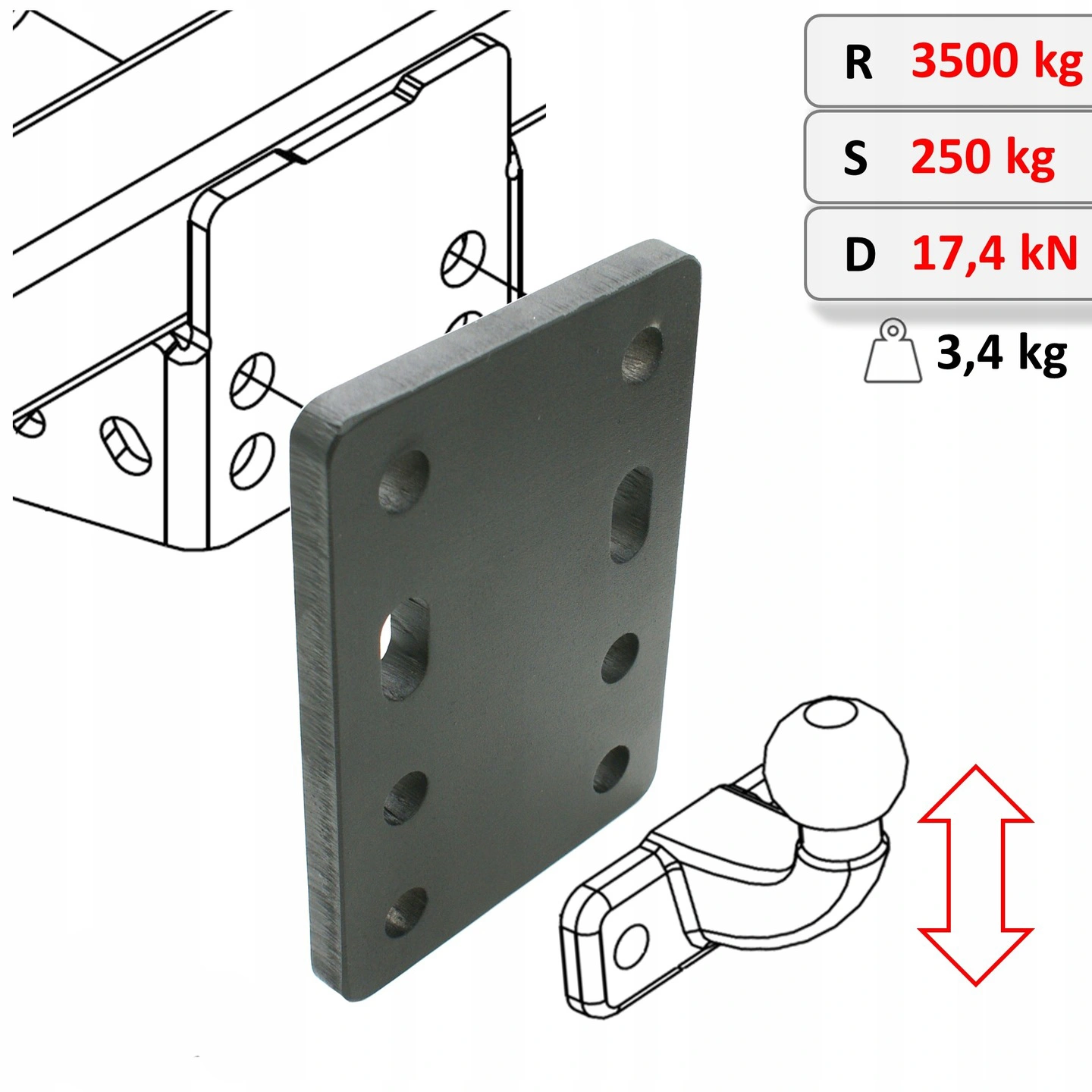 Adapter for regulering av høyde på tilhengerkule – 105 mm / 90 mm boltavstand │  Hengerfeste senk Image 7