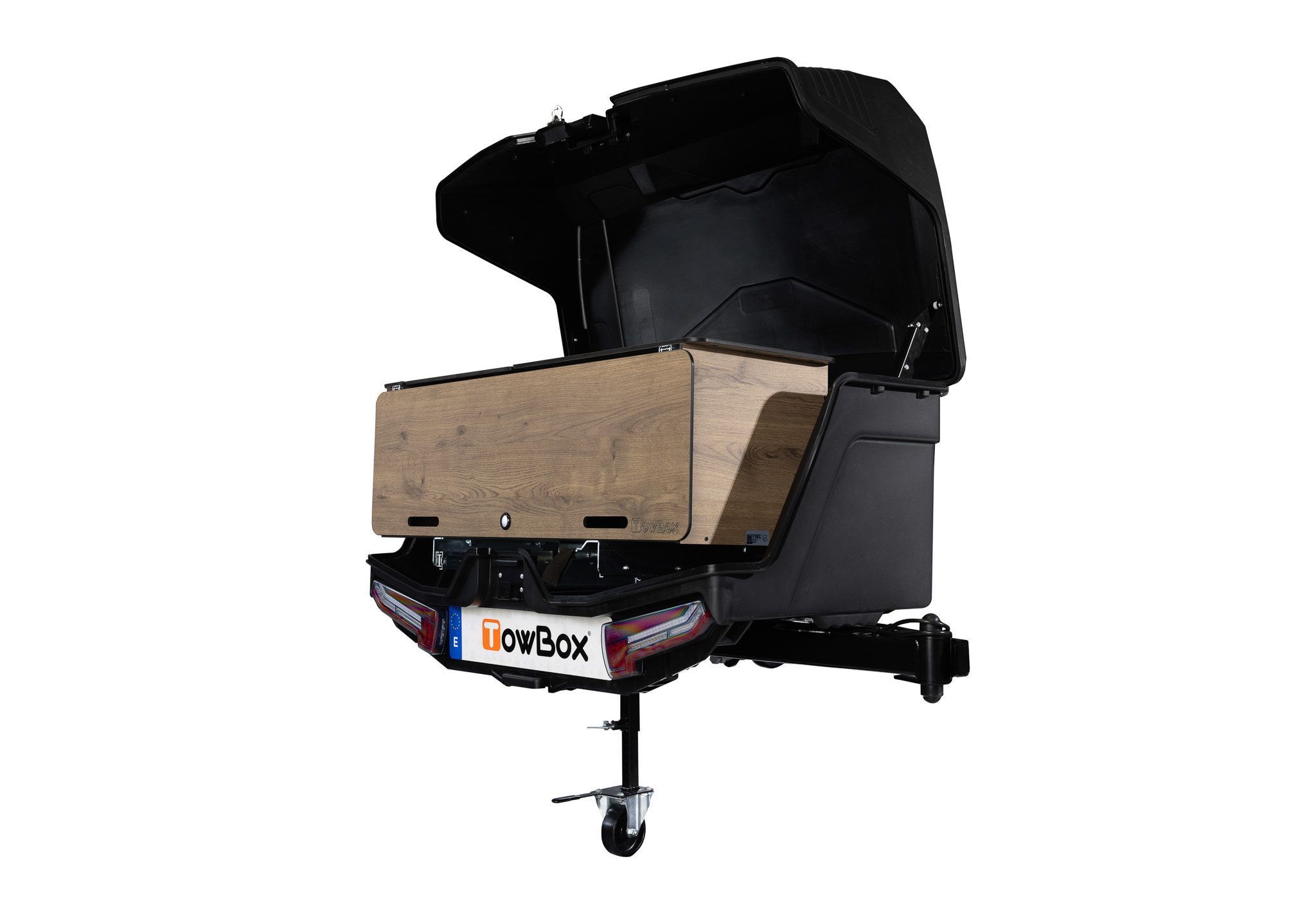 Bagasjeboks for tilhengerfeste TowBox Camper Life Long Black │ med kjøkkenmøbelsett - Lasteboks 400 Liter