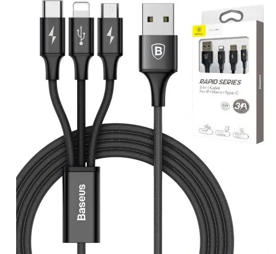 Baseus Rapid Series 2-i-1 USB-C / Micro USB 3A Kabel 1.2m  Svart – bilde 2