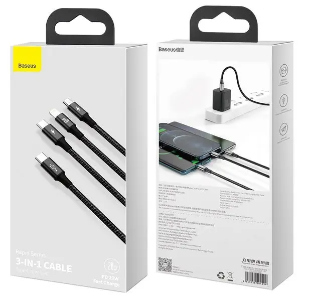 Baseus Rapid Series | Ladekabel 3w1 Type-C USB-C Micro Lightning Power Delivery 20W 18W 3.5A – bilde 7