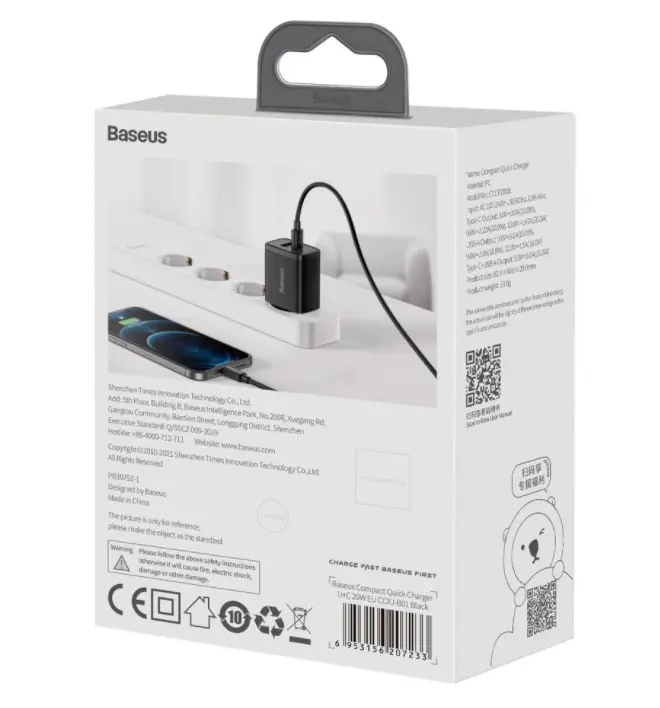Billader BASEUS USB STRØMLADER USB-C QC 3.0 PD 20W – bilde 10
