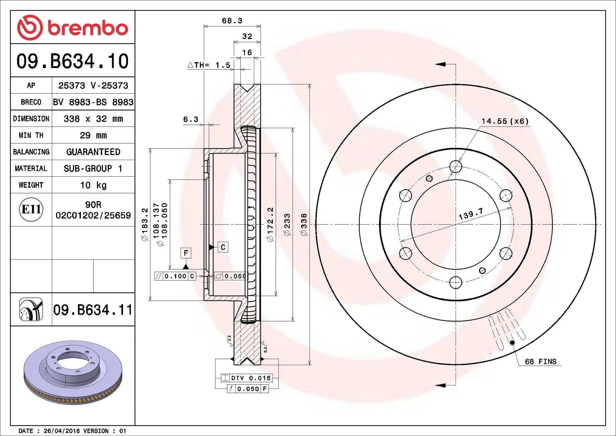 Bremseskive foran Toyota Land Cruiser J50 │ Brembo innvendig ventilert, Ø: 338mm, belagt Prime – bilde 2