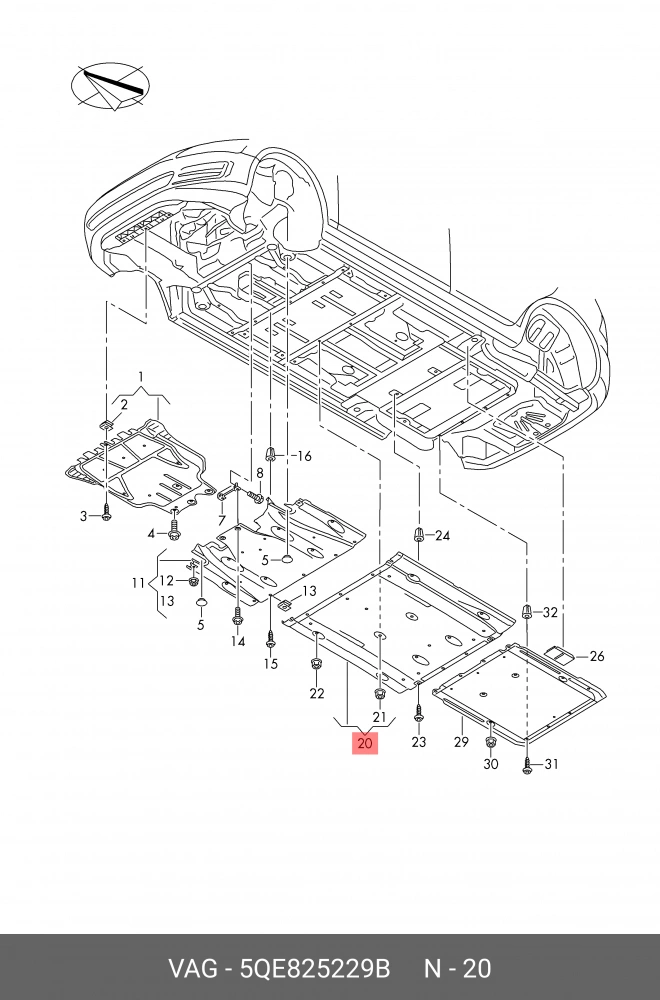 Bunnplate plast VW e-Golf 2014 - 2020 |  Senter bak - Beskyttelse deksel