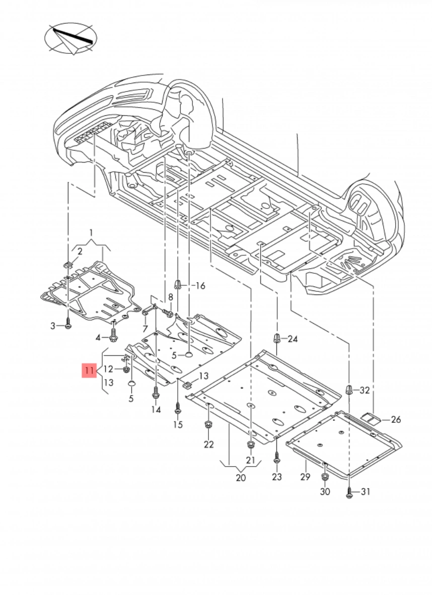 Bunnplate plast VW e-Golf 2014 - 2020 |  Senter foran - Beskyttelse deksel