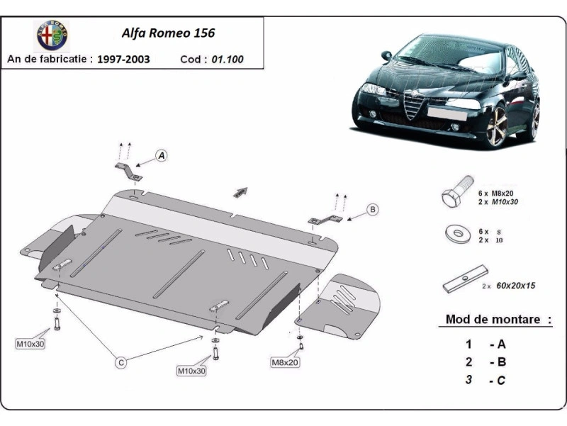 Bunnplate stål Alfa Romeo 156 1997 - 2003 / Alfa Romeo 147 2000 - 2010 | Motordeksel - Beskyttelse deksel under motor