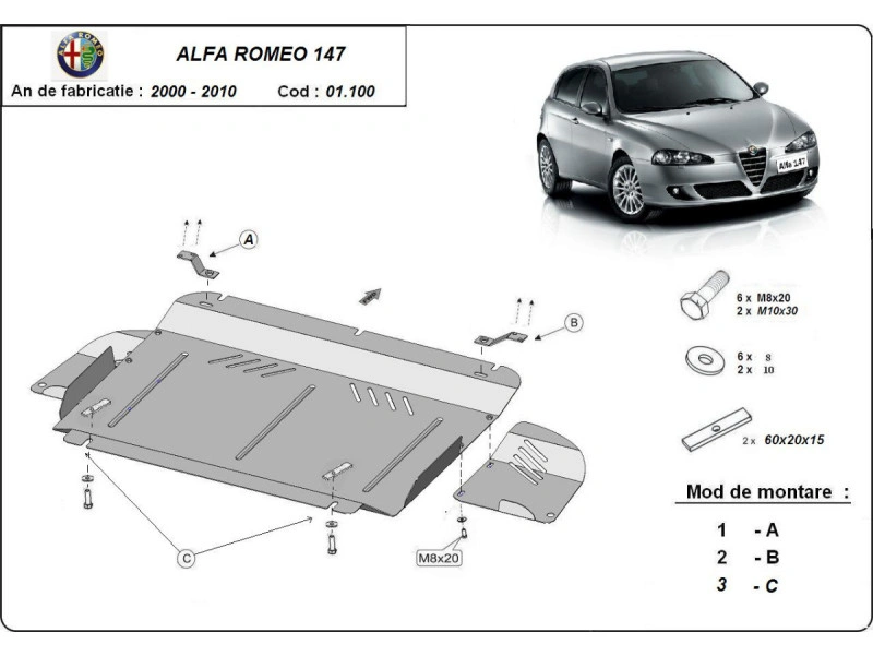 Bunnplate stål Alfa Romeo 156 1997 - 2003 / Alfa Romeo 147 2000 - 2010 | Motordeksel - Beskyttelse deksel under motor – bilde 6