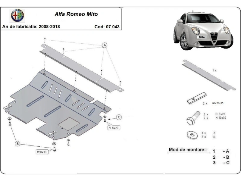 Bunnplate stål Alfa Romeo MiTo 2008 - 2018 │ Motordeksel - Beskyttelse deksel under motor – bilde 2
