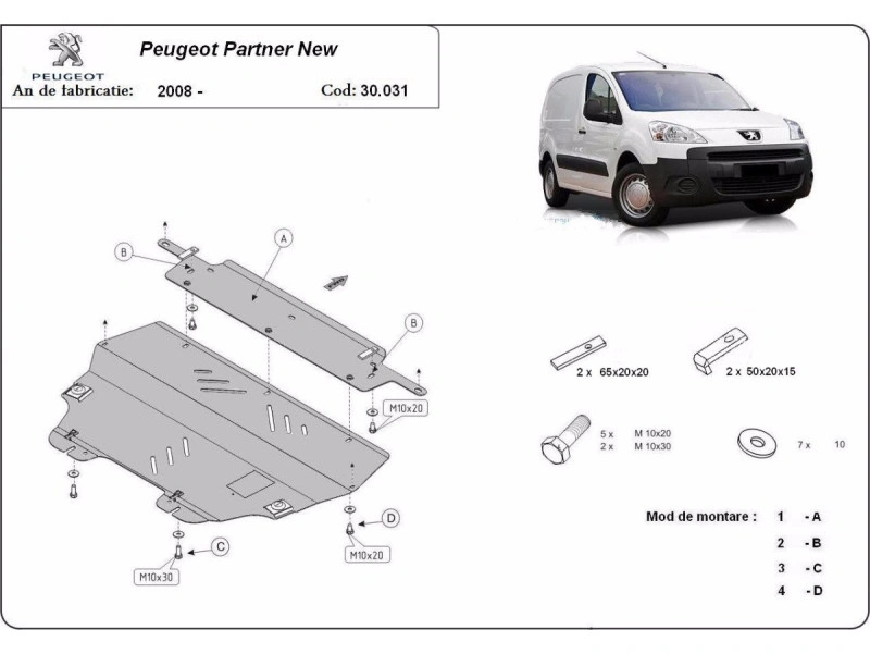 Bunnplate stål Citroen Berlingo III / Berlingo III Multispace 2008 - 2018 / Peugeot Partner II 2008 - 2018 | Motordeksel - Beskyttelse deksel under motor – bilde 2