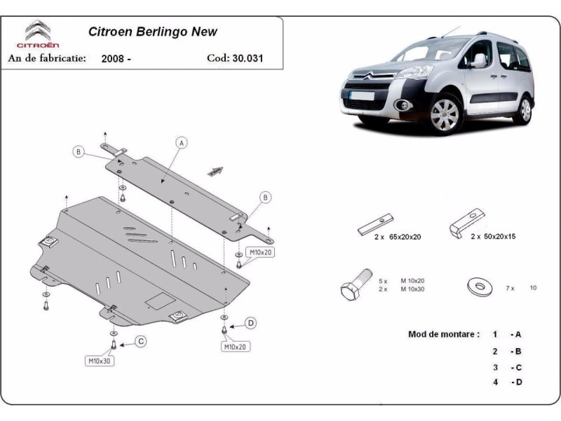 Bunnplate stål Citroen Berlingo III / Berlingo III Multispace 2008 - 2018 / Peugeot Partner II 2008 - 2018 | Motordeksel - Beskyttelse deksel under motor – bilde 4