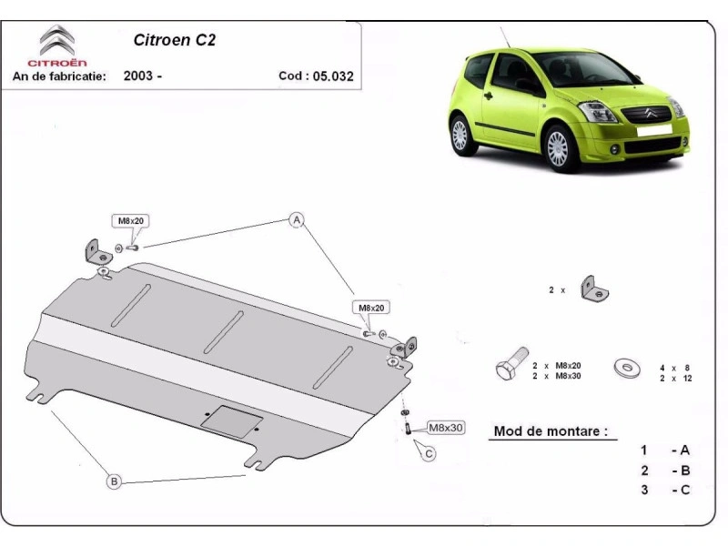 Bunnplate stål Citroen C2 2003 - 2009 | Motordeksel - Beskyttelse deksel under motor – bilde 2