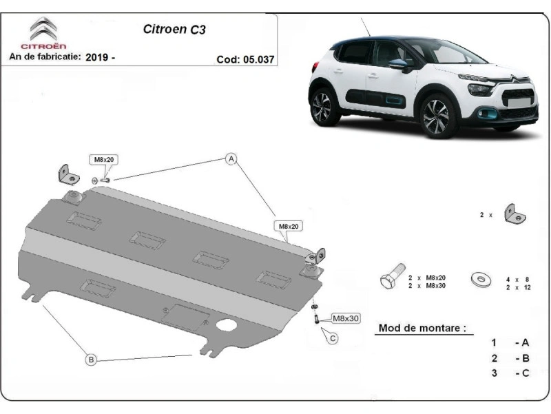 Bunnplate stål Citroen C3 2019 -> | Motordeksel - Beskyttelse deksel under motor – bilde 2