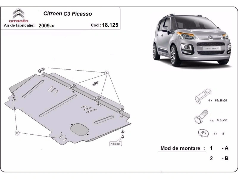 Bunnplate stål Citroen C3 Picasso 2009 - 2020 | Motordeksel - Beskyttelse deksel under motor – bilde 2