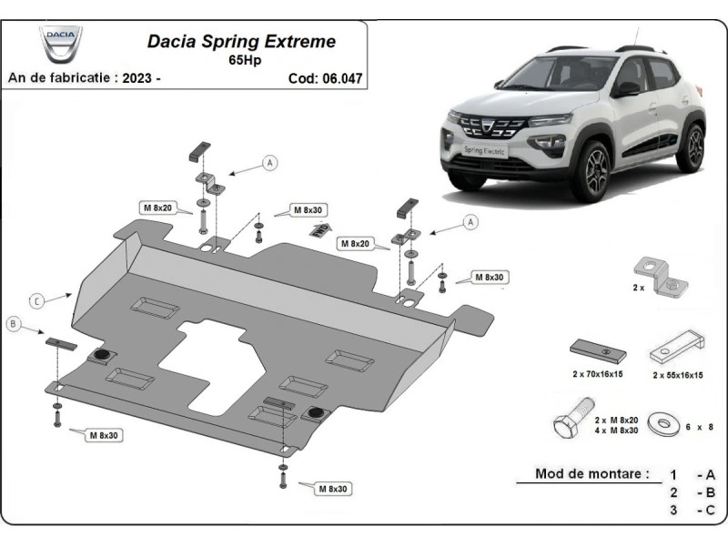 Bunnplate stål Dacia Spring 2024 -> / Dacia Spring Extreme 2023 -> | Elektrisk motor bak - Beskyttelse deksel under motor – bilde 3