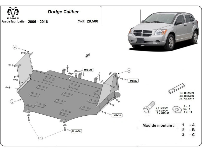 Bunnplate stål Dodge Caliber 2006 - 2016 | Motordeksel - Beskyttelse deksel under motor – bilde 2