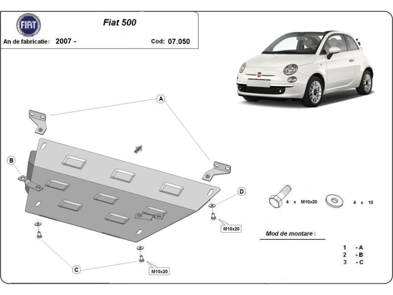 Bunnplate stål Fiat 500 2007 -> | Motordeksel - Beskyttelse deksel under motor – bilde 2