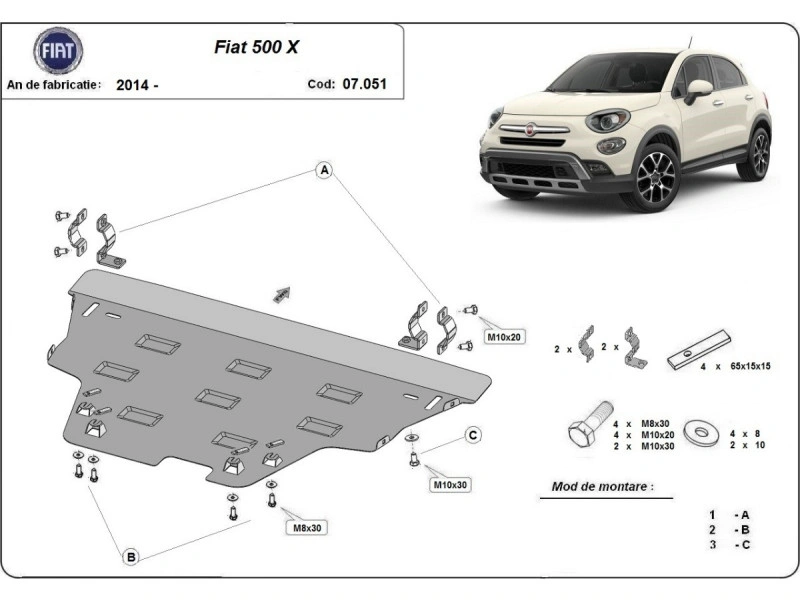 Bunnplate stål Fiat 500x 2014 -> | Motordeksel - Beskyttelse deksel under motor – bilde 2